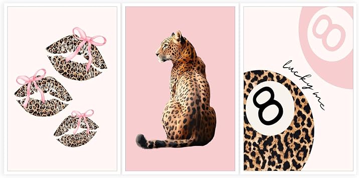 Set Of 3 Pink Leopard Wall Art Funky Lucky 8 Ball Lips Bow Canvas Posters Preppy Room Aesthetic Cheetah Prints Painting For Girls Bedroom Apartment Dorm Wall Decor 12x16in Unframed