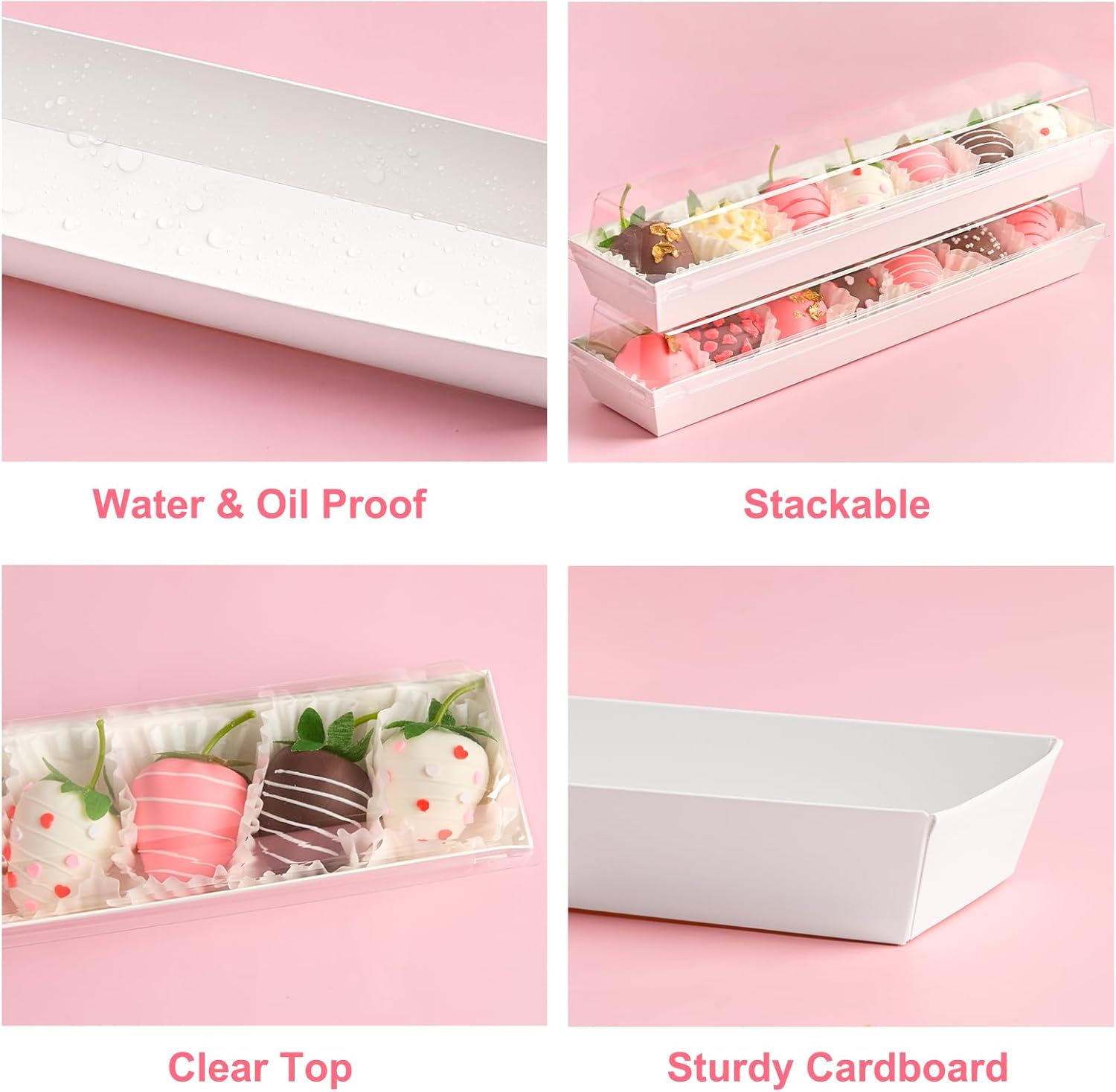 Kucoele 25 Pack 12" x 2.6" x 2" Strawberry Boxes with Clear Lids | Disposable Macaron Boxes, To Go Dessert Containers, For Packaging Chocolate Covered Strawberriy, Cookie, Cocoa Bomb, Truffle