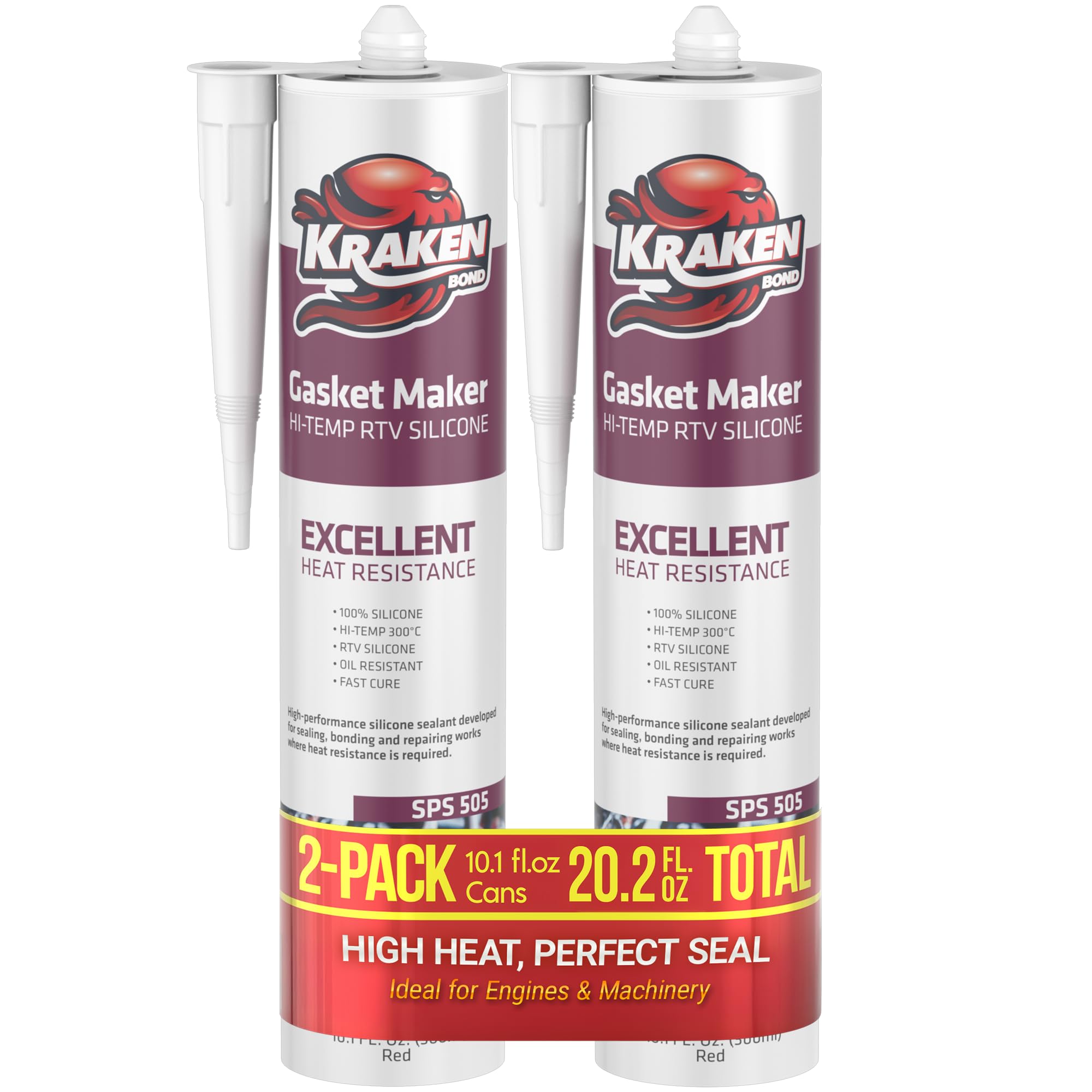 Kraken Bond Red RTV Silicone Gasket Maker - (2x10.1 fl.oz) High Temp Silicone Sealant for Automotive, Heat Resistant Up to 600F, Oil Resistant Automotive Silicone Sealant, 2 Pack