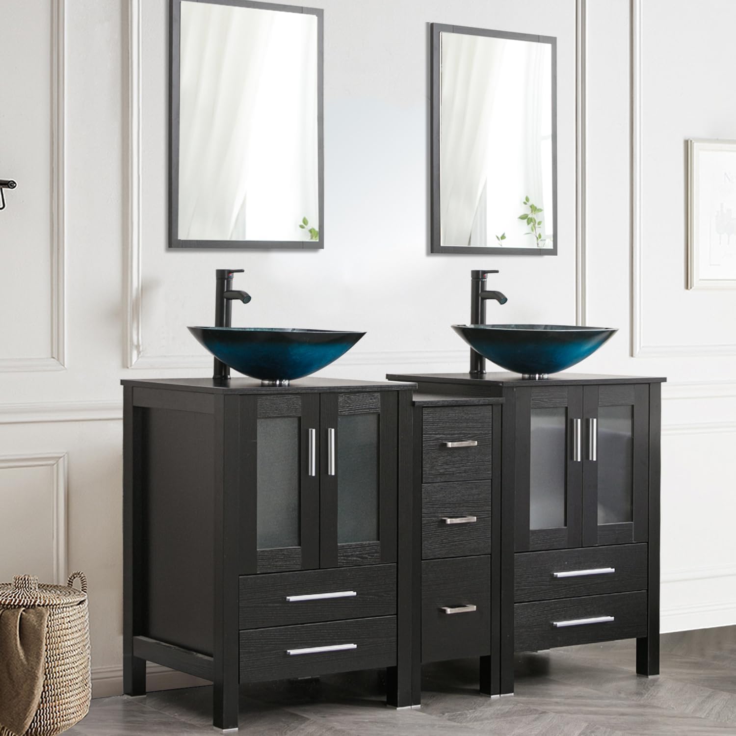 60" Black Bathroom Vanity,Double Vanity,0.5"Tempered Glass Vessel Sink (Light Blue),ORB Faucet,Drain Parts,Bathroom Vanity Top,Glass Sink Bowl,Vanity Pedestal,Mounting Ring Include,Mirror Not Included