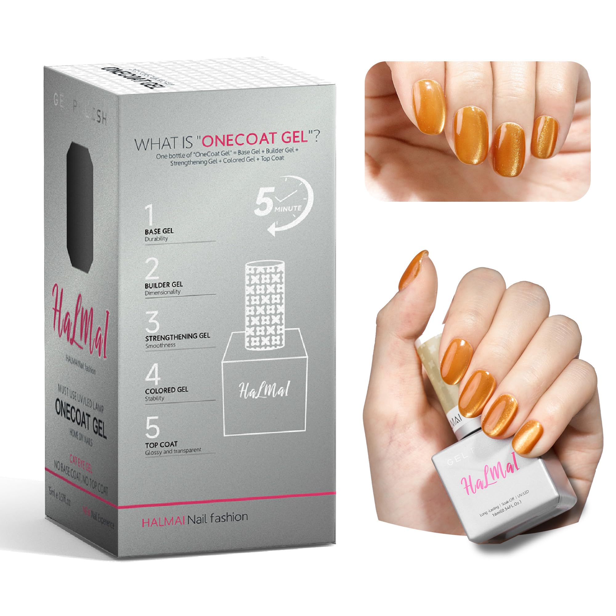HALMAI Smalto Semipermante Cat Eye OneCoat con Magnete 5 in 1 per Unghie (Base, Colore, Ricostruzione, Rinforzante, Top Coat) -Regalo per Unghie Fai da Te, Ideale per Principianti & Casa (Dorato)