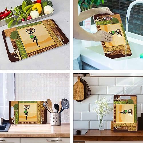 Miniatura 5 de Tabla de Cortar Mujer Africana Niña Africana Hojas de Árbol Étnico Mango de Agarre Retro Tablas de Cortar Tabla de Cortar para Cocina Plástico 16" x