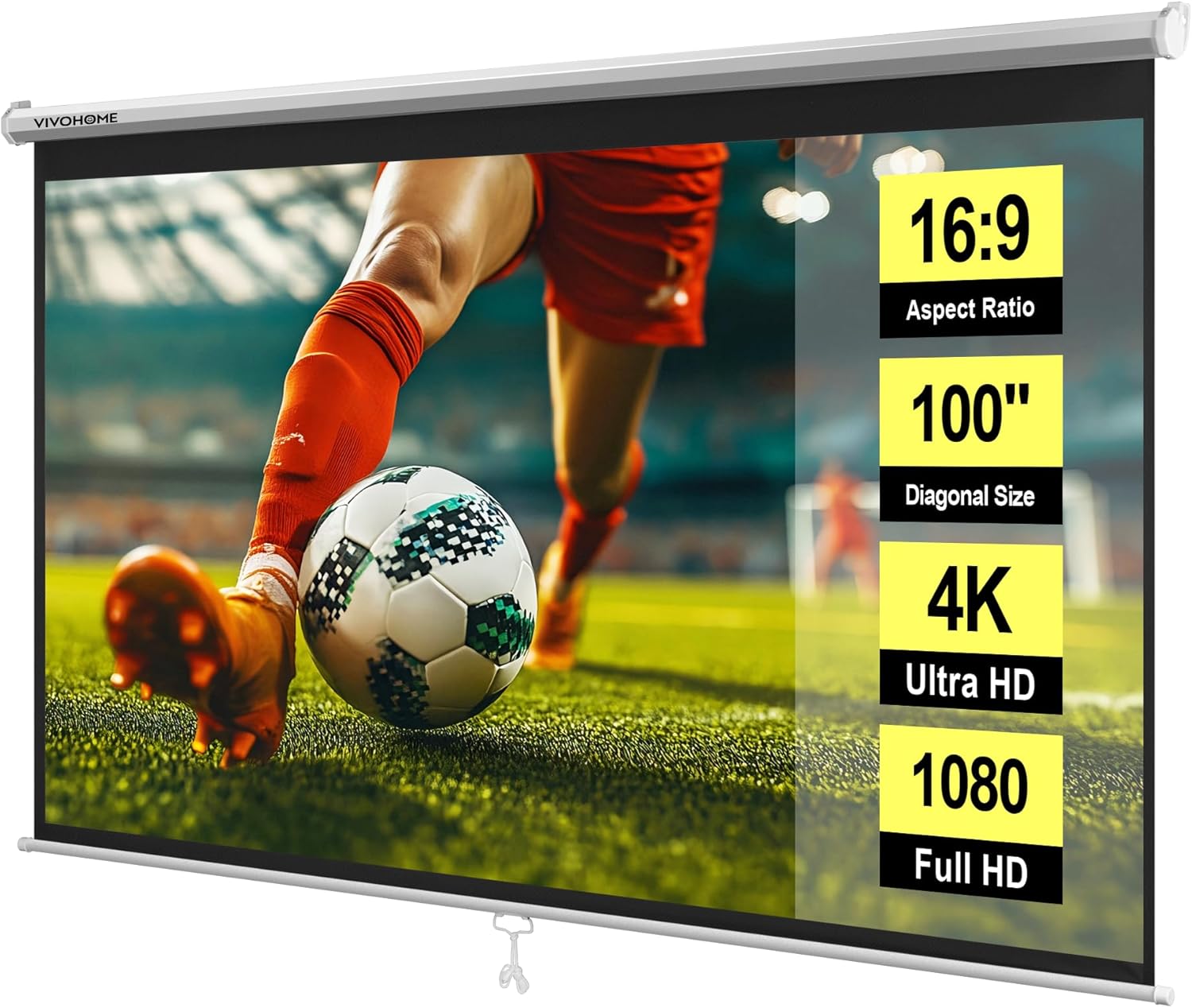 VIVOHOME 100 Inch 16:9 Pull Down Projector Screen, HD 4K Retractable Movie Screen for Indoor Home Theater and Office, Manual Projection Screen with Auto Locking (87W x 49H Inch Display Area), White