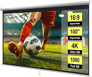 VIVOHOME 100 Inch 16:9 Pull Down Projector Screen, HD 4K Retractable Movie Screen for Indoor Home Theater and Office, Manual Projection Screen with Auto Locking (87W x 49H Inch Display Area), White