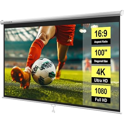VIVOHOME 100 Inch 16:9 Pull Down Projector Screen, HD 4K Retractable Movie Screen for Indoor Home Theater and Office, Manual Projection Screen with Auto Locking (87W x 49H Inch Display Area), White