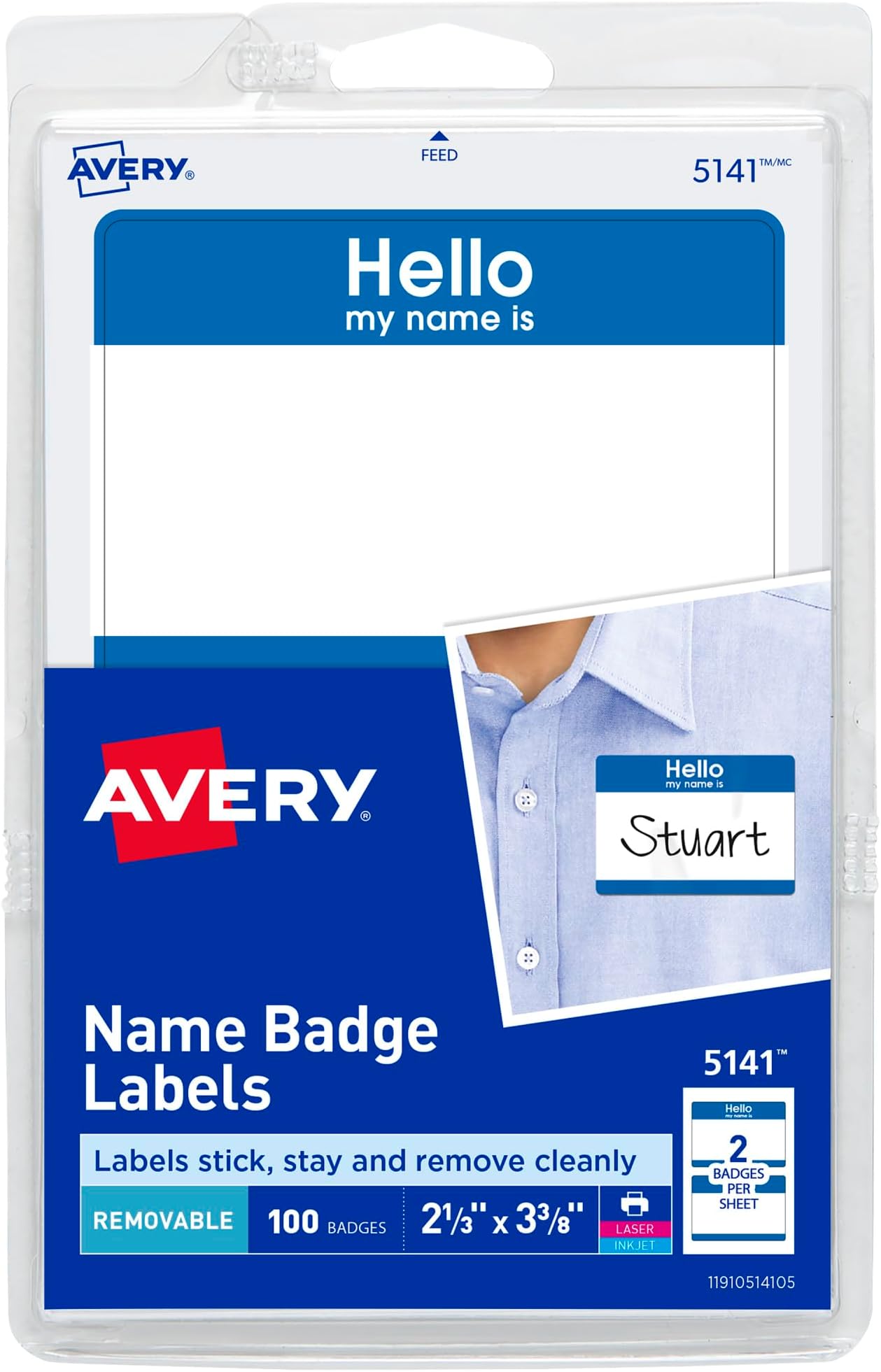 Avery Customizable Name Tags, Hello My Name is, White, Blue Border, Removable Adhesive, Laser/Inkjet Printable, 100 Total (5141)