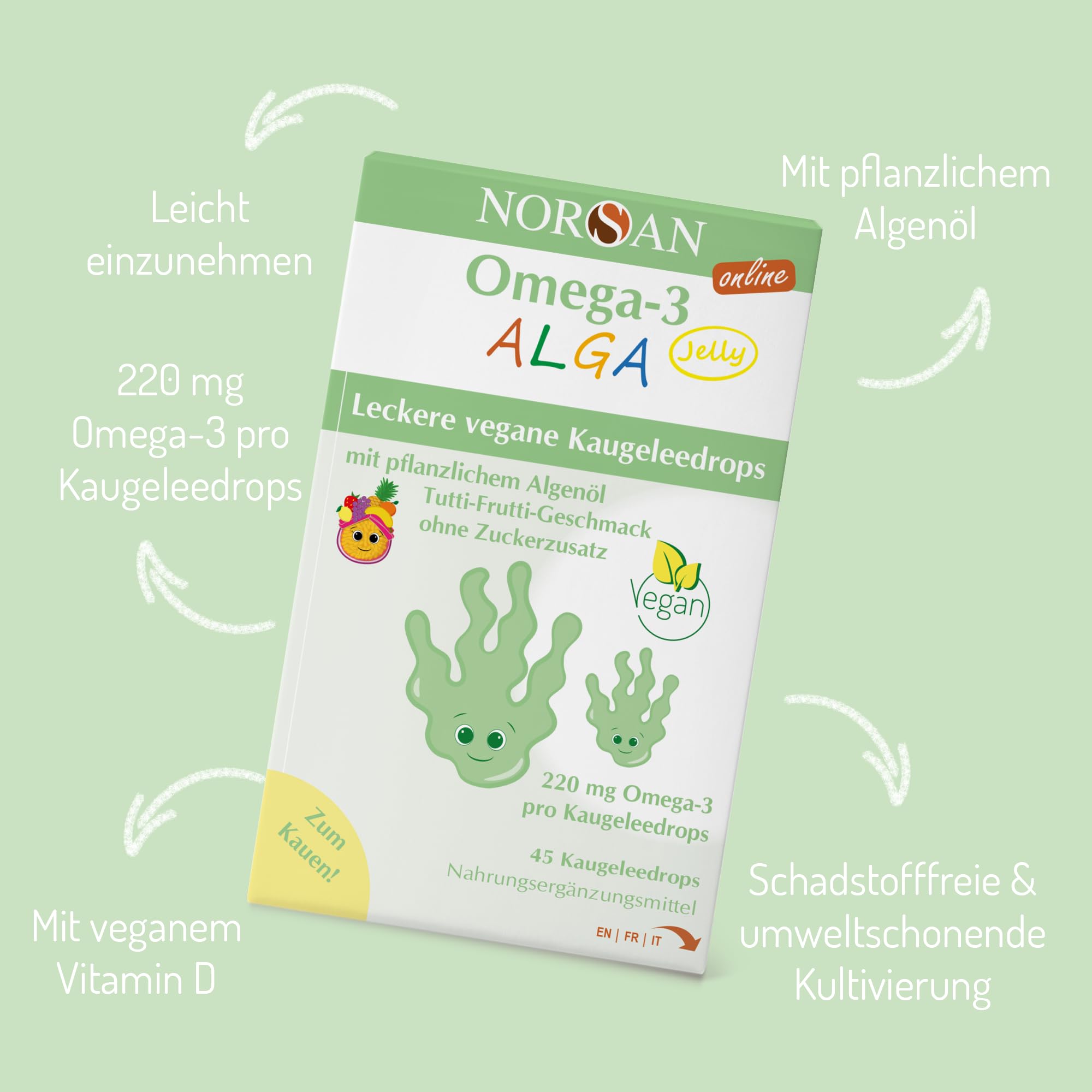NORSAN Omega 3 ALGA JELLY 45 hochdosiert 45 Stück - Omega-3 vegan hochdosiert 220mg pro Kaugeleedrops - veganes Algenöl mit EPA & DHA - mit Tutti-Frutti-Geschmack