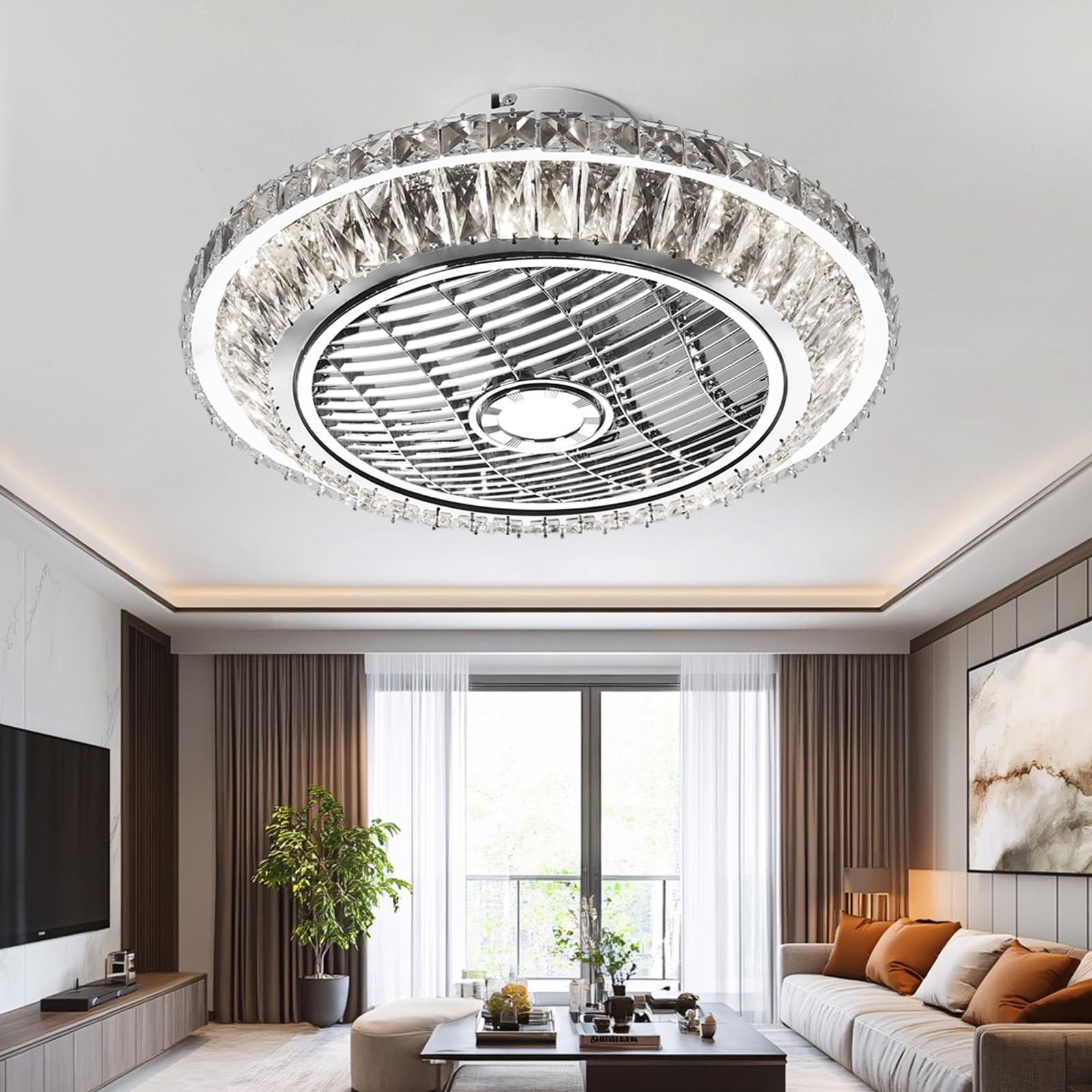 Ceiling Fan with Lamp, Crystal Ceiling Fan with LED Light, 72W Modern LED Dimmable Ceiling Light,Adjustable Wind Speed, with Remote Control,Restaurant Bedroom Decoration Indoor Fan Lighting (A)