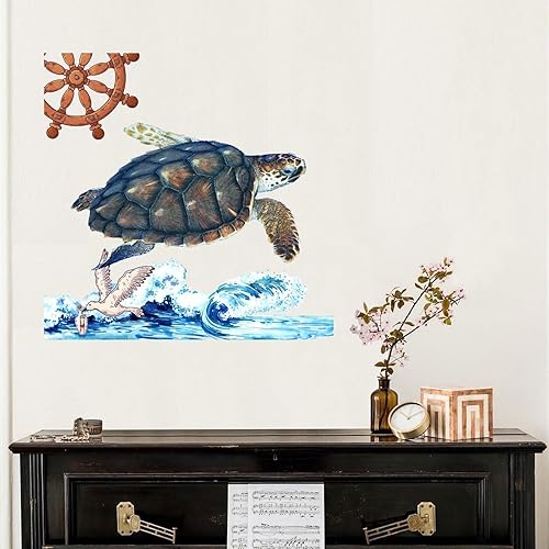 Miniatura 4 de Calcomanías de pared de tortuga marina subacuática con temática náutica de océano, barco, barco, volante, pájaro, espejo, calcomanía de pared,