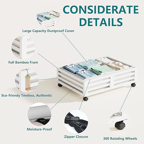 Vista 2 de Wisuce Contenedores de almacenamiento de bambú debajo de la cama, organizador debajo de la cama con ruedas con bolsa grande para el polvo, madera