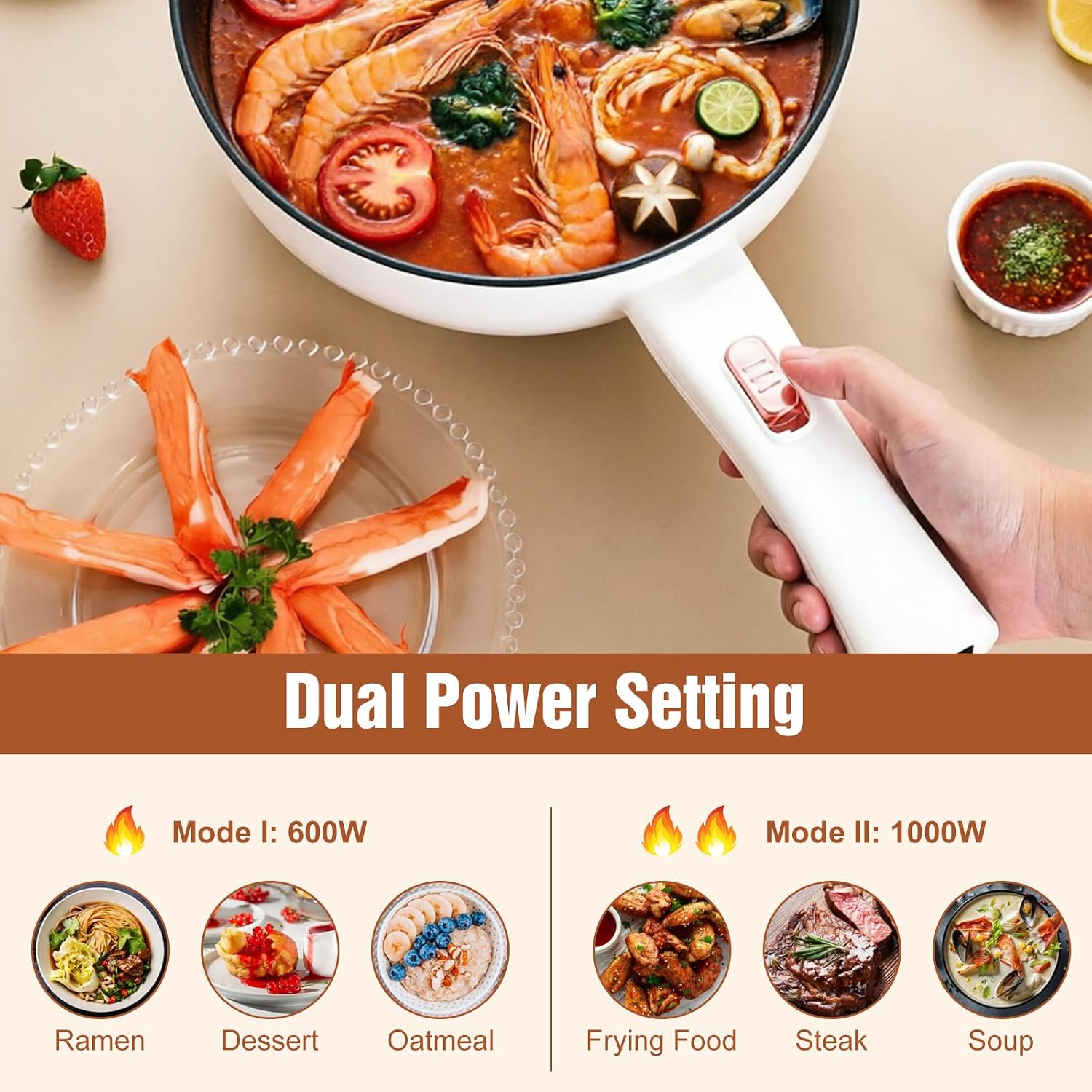 Hot Pot Electric with Steamer,Rapid Noodles Cooker Non-Stick Frying Pans with Spatula for Steak, Egg, Fried Rice, Ramen, Oatmeal, Soup, Portable Personal Perfect Suit Dorm Room and Apartment
