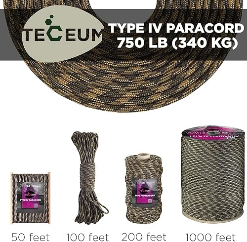 Miniatura 169 de TECEUM Cuerda de paracaídas de 750 libras – 1000 pies / 200 pies / 120 pies / 100 pies / 50 pies – Cuerda de paracaídas para campamento, Camuflaje