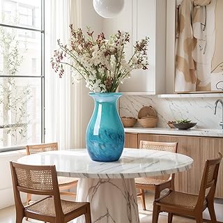 Teal Glass Vase – 11.4in Hand Blown Wide Mouth Art Glass Vase – Turquois...