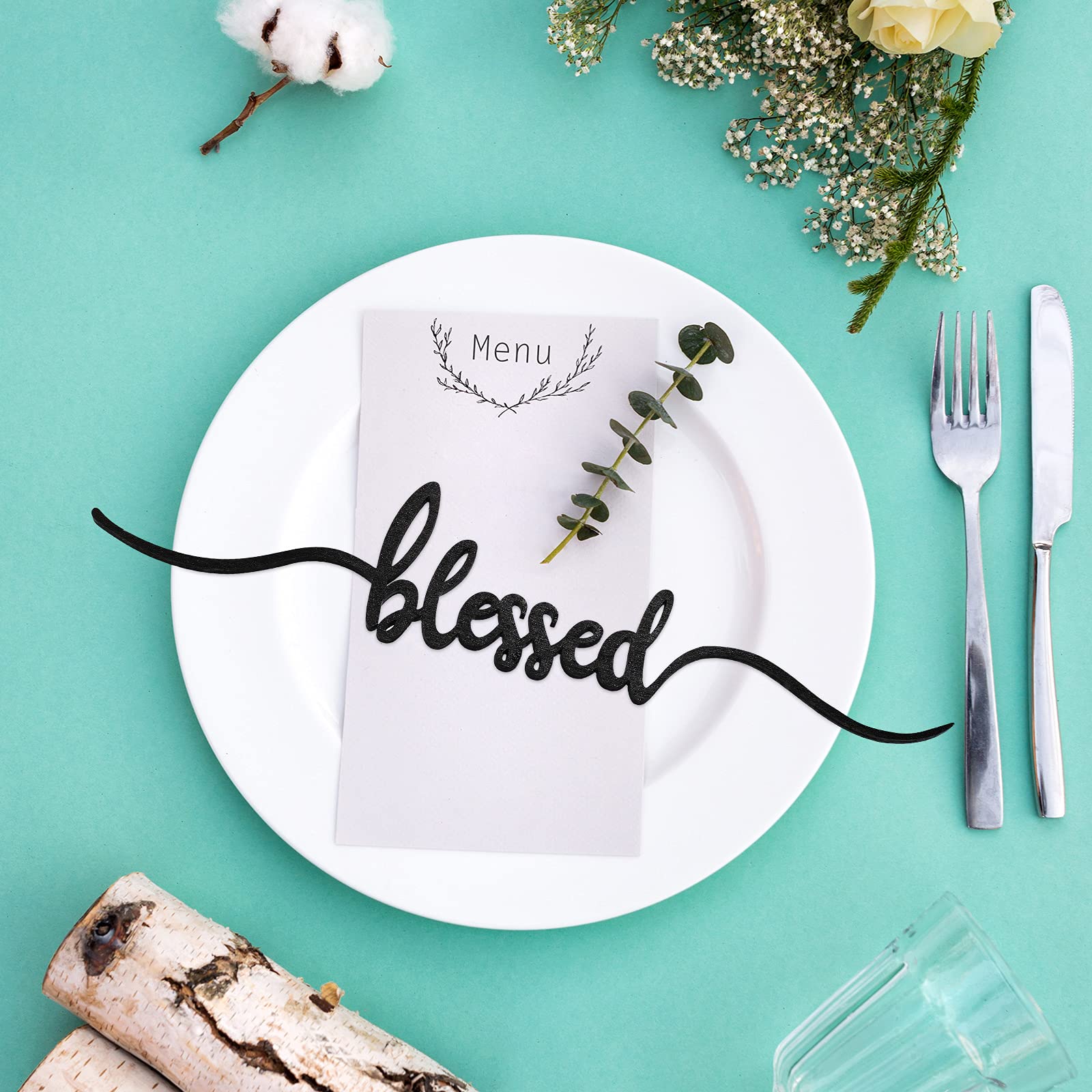 Jetec 16 Pieces Thankful Wood Cutout Cards Sign Grateful Blessed Gather Wood Word Table Sign Decorations Unfinished Rustic Wood Wall Decor for Christmas Thanksgiving, 2 x 9.8 Inch (Black)