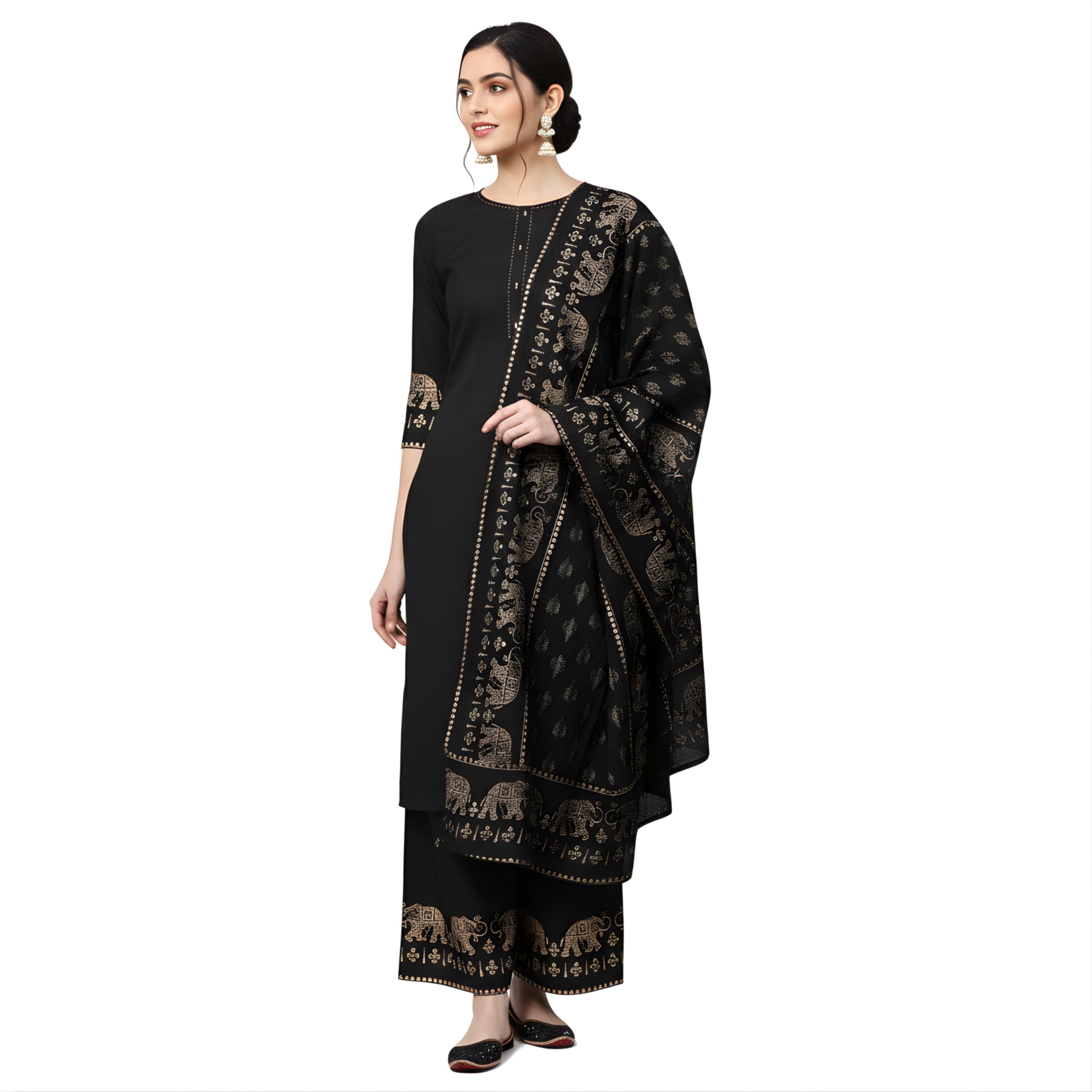 MESMERIICAL Women's Black Kurta Palazzo Set with Dupatta