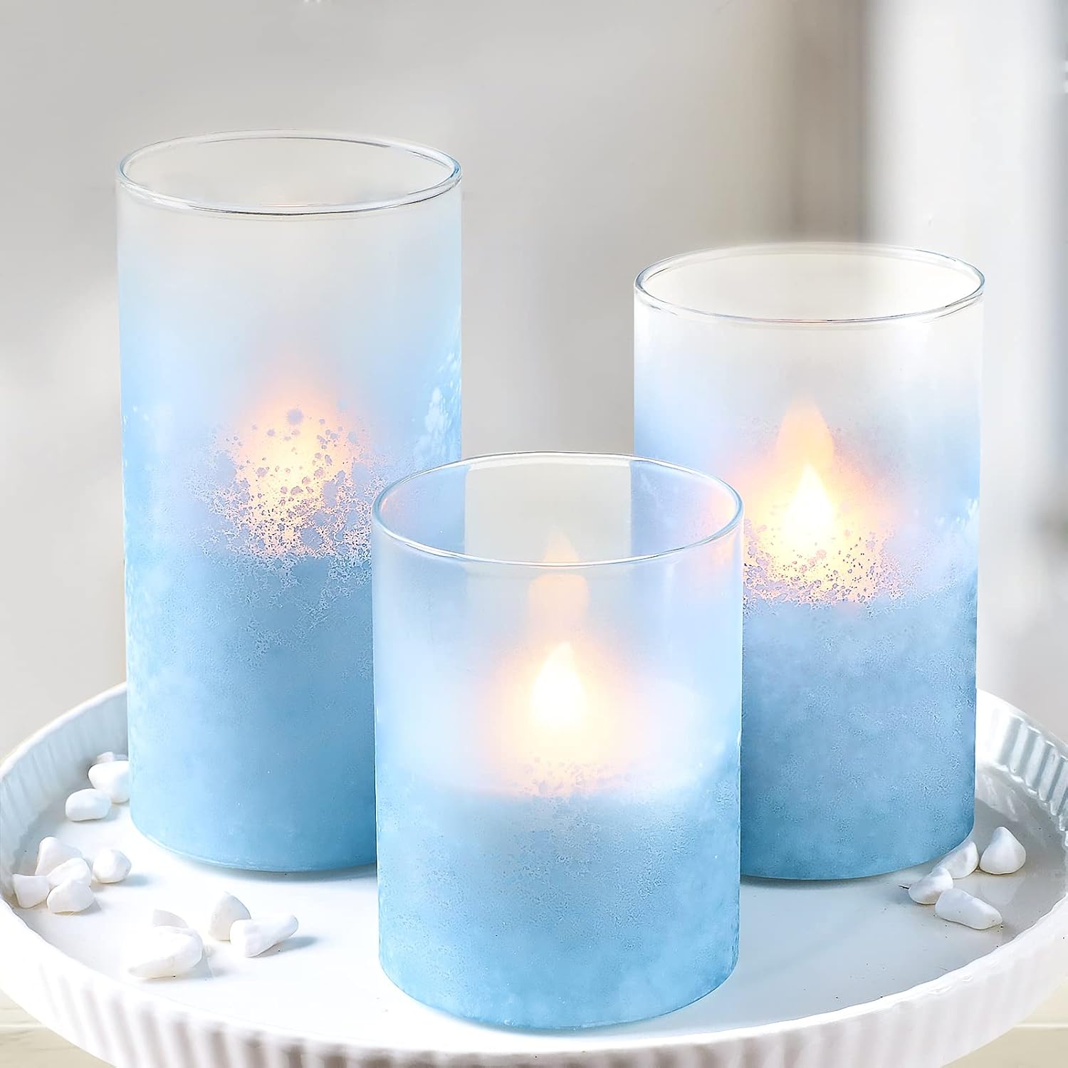 Flameless Candles x3, Sandblasted Cerulean LED 3D Flicker Lights, Blue Ocean Series SkyBlue Frosted Glass Decor, DIM with Remote Timer, Summer Trendy Modern Gift for Friends Lover