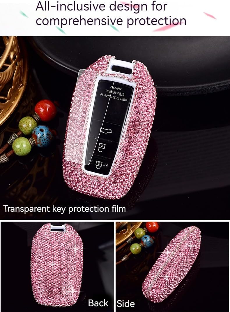 Sparkling Rhinestone Car Key Fob Cover Chain for Toyota Prius, Camry, Corolla, CHR, RAV4, Land Cruiser, Highlander, Avalon, GT86, 2017-2026, 2-5 Button Smart Keys (Black+Angel Pendant)