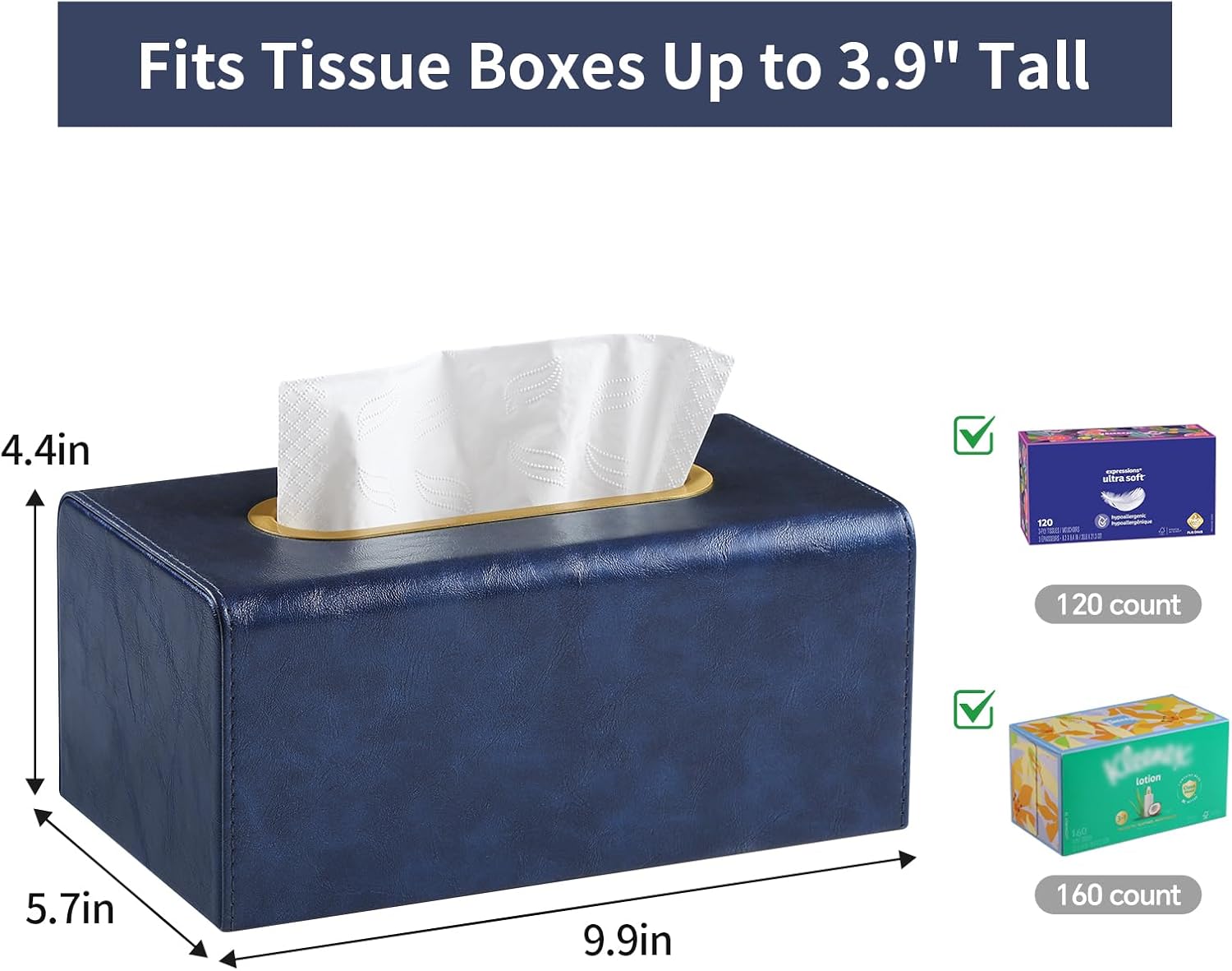 PU Leather Tissue Box Cover Rectangular Tissue Box Holder for Boxes Up to 3.9" Tall, Decorative Rectangle Tissue Cover for Bathroom Living Room Car Office (Navy Blue)