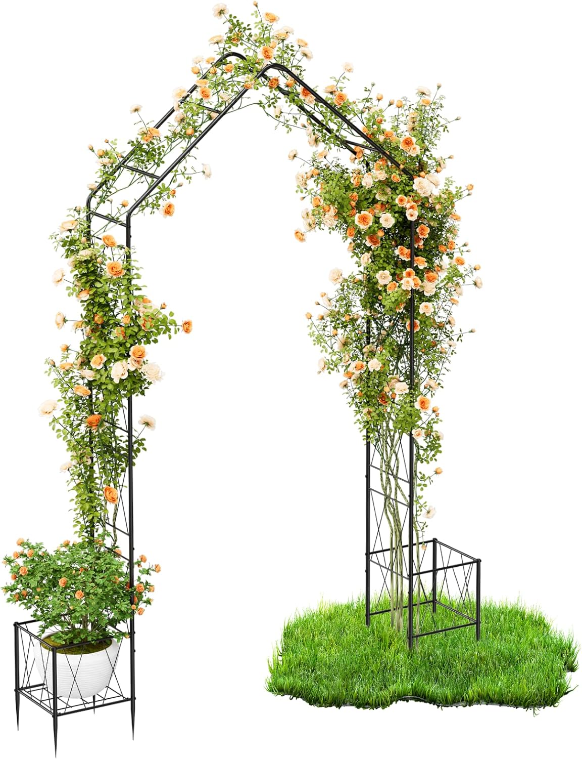 Vrisa Metal Garden Arch Trellis for Climbing Plants Outdoor 8.2 Ft Garden Arbor with Planter Boxes Wedding Arches for Ceremony Halloween Christmas Decoration Garden Archway for Party, Backyard, Lawn