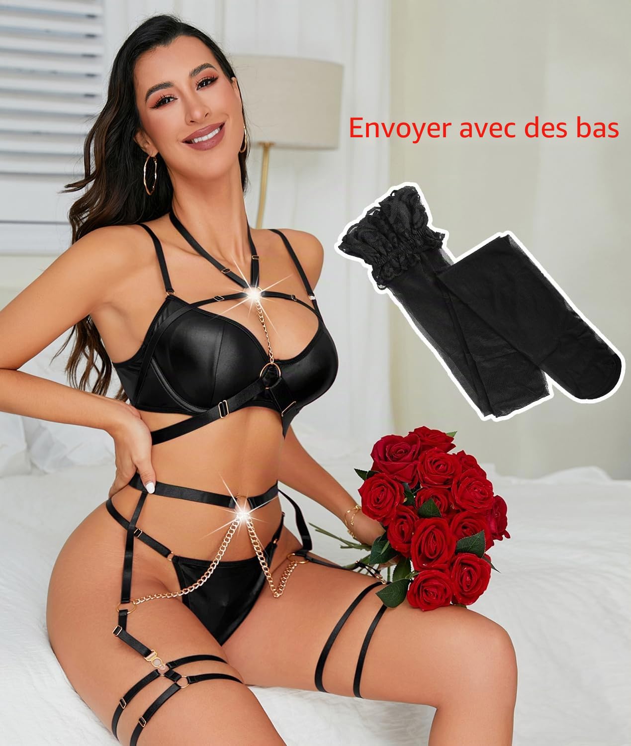 Ensemble de Lingerie Femmes Sexy à Bretelles sous Vêtements 7 Pièces | avec Porte-Jarretelles, Bretelles Réglables, Soutien-gorge à Armatures, Culotte, Sangle de Cuisse, Collants, Bas