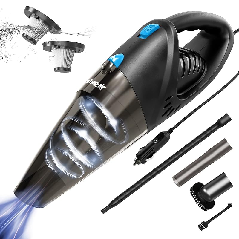 Aspirador automotivo portátil SHOP·AIR 12 V 106 W com filtro HEPA, cabo de 4,88 m e acessórios azul