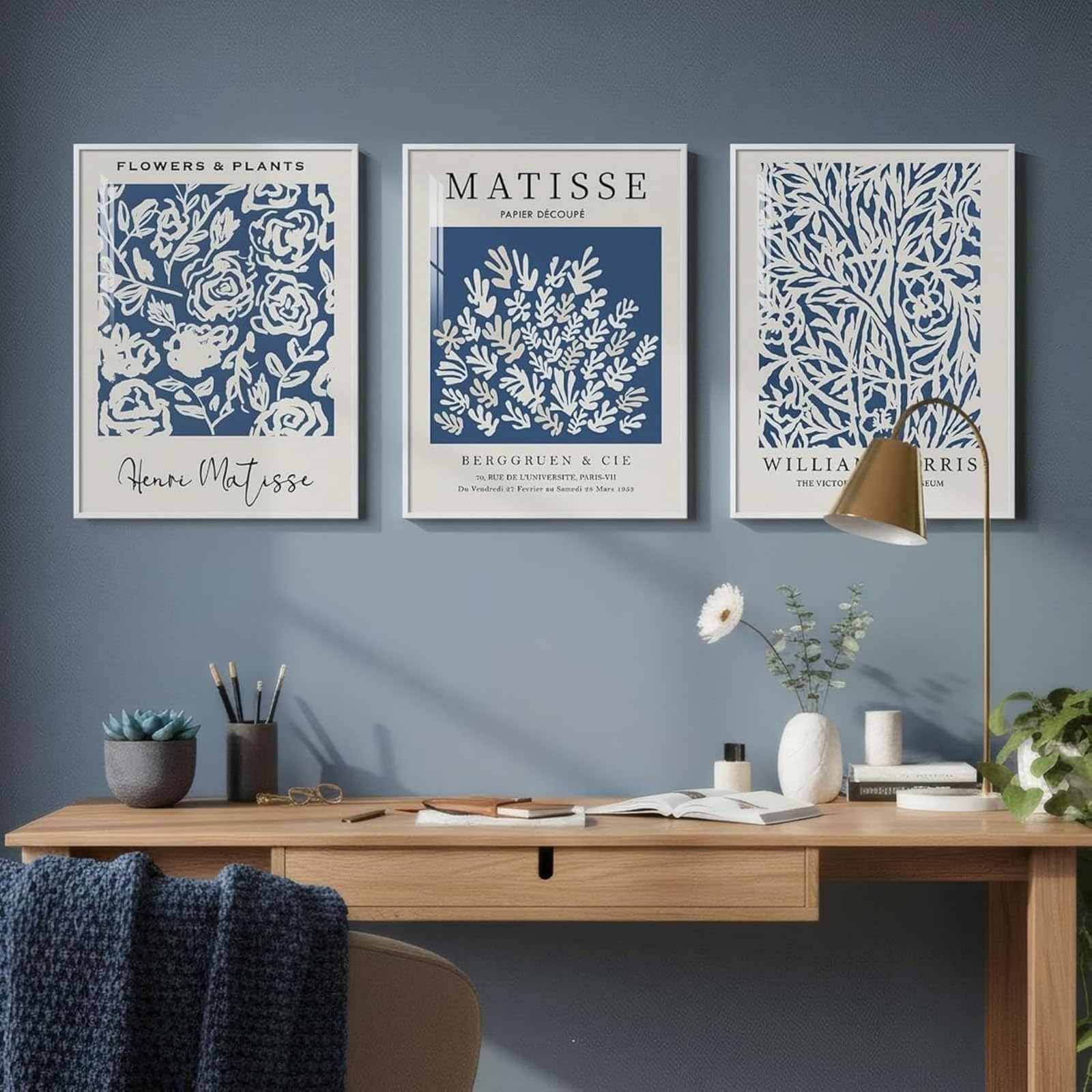 JORCEDI Navy Blue Abstract Floral Canvas Wall Art Set of 3, French Minimalist Botanical Posters Prints, Modern Living Room Bedroom Decor, 21x30-50x70cm, Unframed (50x70 cm,A)