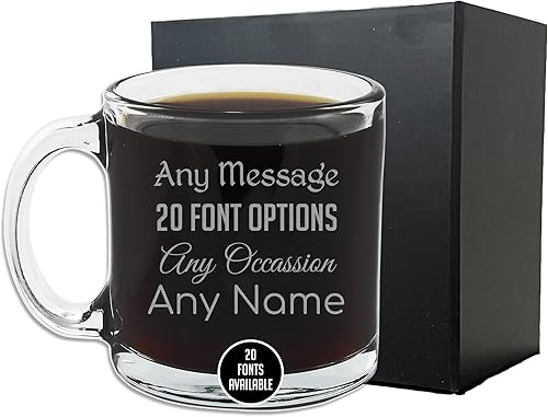 Taza de café de vidrio grabada personalizada de 12 onzas, texto personalizado, regalos personalizados para amantes del café, regalos de café para