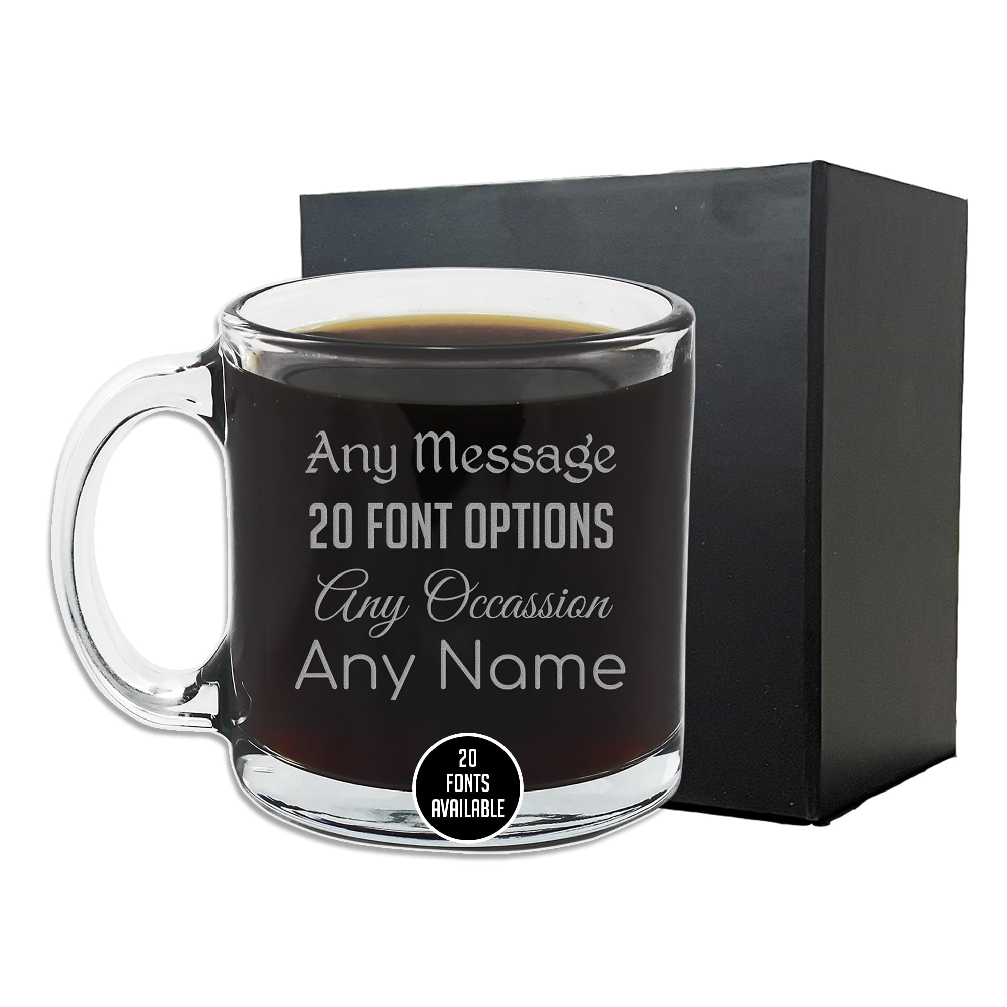 Personalized Etched Custom Message 12oz Glass Coffee Mug, Custom Text, Customized Gifts for Coffee Lovers, Coffee Gifts for Women, Clear, Hot Beverages, Verre Café, Homme Femme - Your Text Here