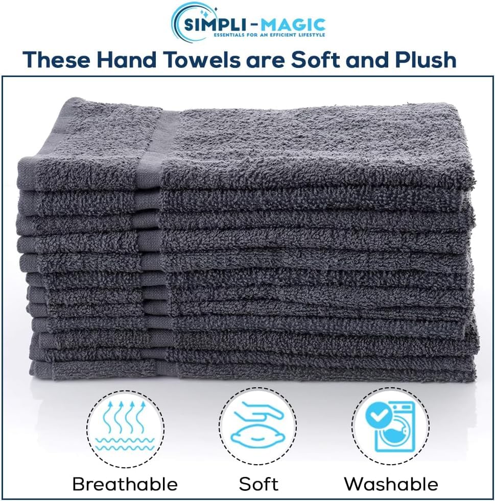 Image of Simpli-Magic Cotton Hand Towels 16 inchx27 inch (12 Pack) - Soft Towels for Bathroom, Kitchen, Salon & Gym (Gray)