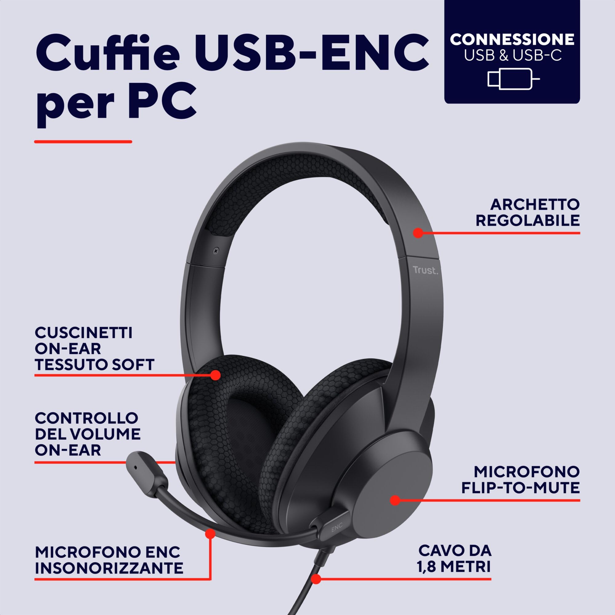 Trust Ayda Max USB Cuffie con Microfono ENC Cancellazione del Rumore, Auricolari con Filo 1,80 m, Mic Noise Cancelling, 85% Plastica Riciclata, Headphones Over-Ear Cablato per PC Laptop Mac, Nero
