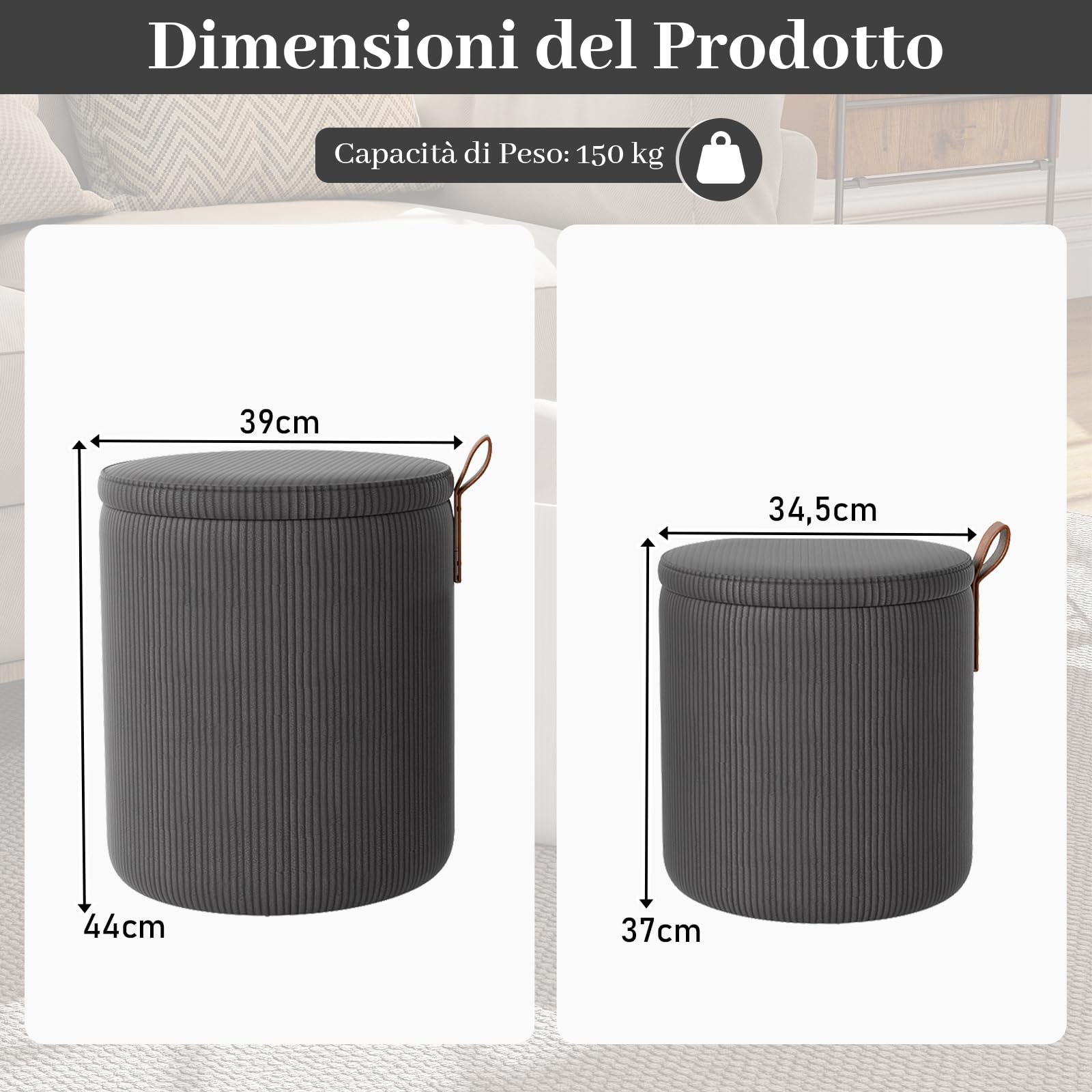 COSTWAY Set di 2 Pouf Contenitore in Velluto, Pouf Rotondi Imbottiti da 40L + 25L, Sgabelli con Contenitore per Soggiorno, Camera da Letto, Portata 150 kg (Grigio)