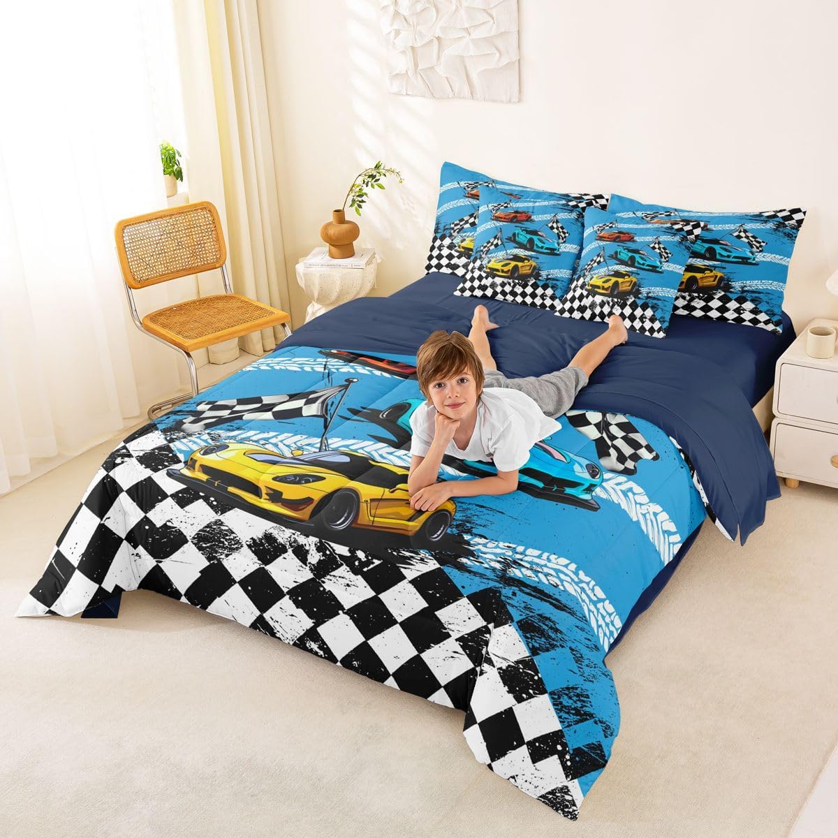 Castle Fairy Race Car Kids Comforter Queen Size,Racing Grid Flag Bedding Set 7 Pcs,Extreme Sport Decor for Girls Boys,Blue(Fitted+Sheet+2 Pillowcases+2 Throw Pillow Covers) image 2