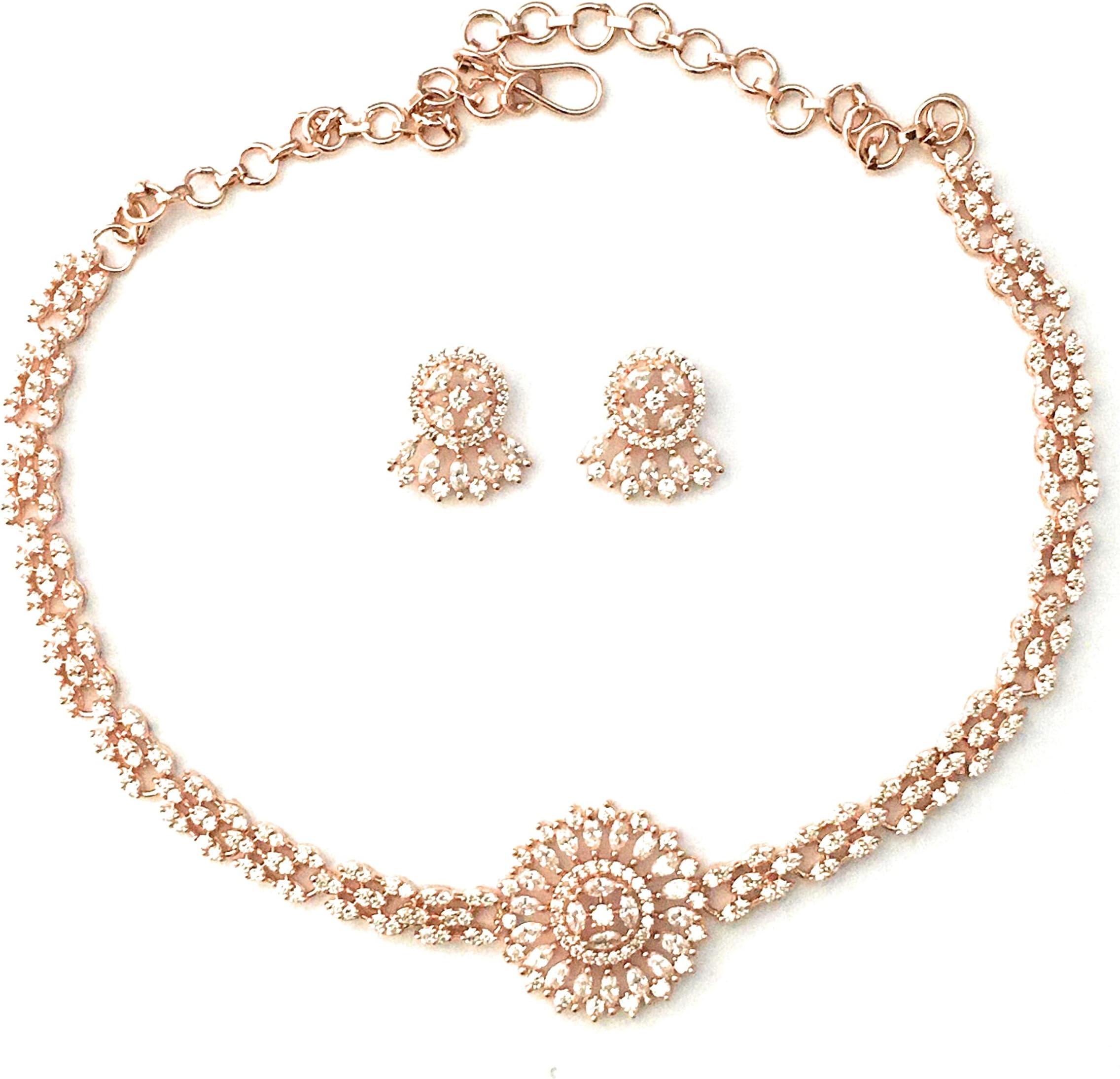 SasitrendsTraditional American Diamond Jewellery Set for Women and Girls | Rosegold Rhodium Silver Plated AD Necklace Set for Women | Anniversary Gift for Wife and Birthday Gift for Girls and Women