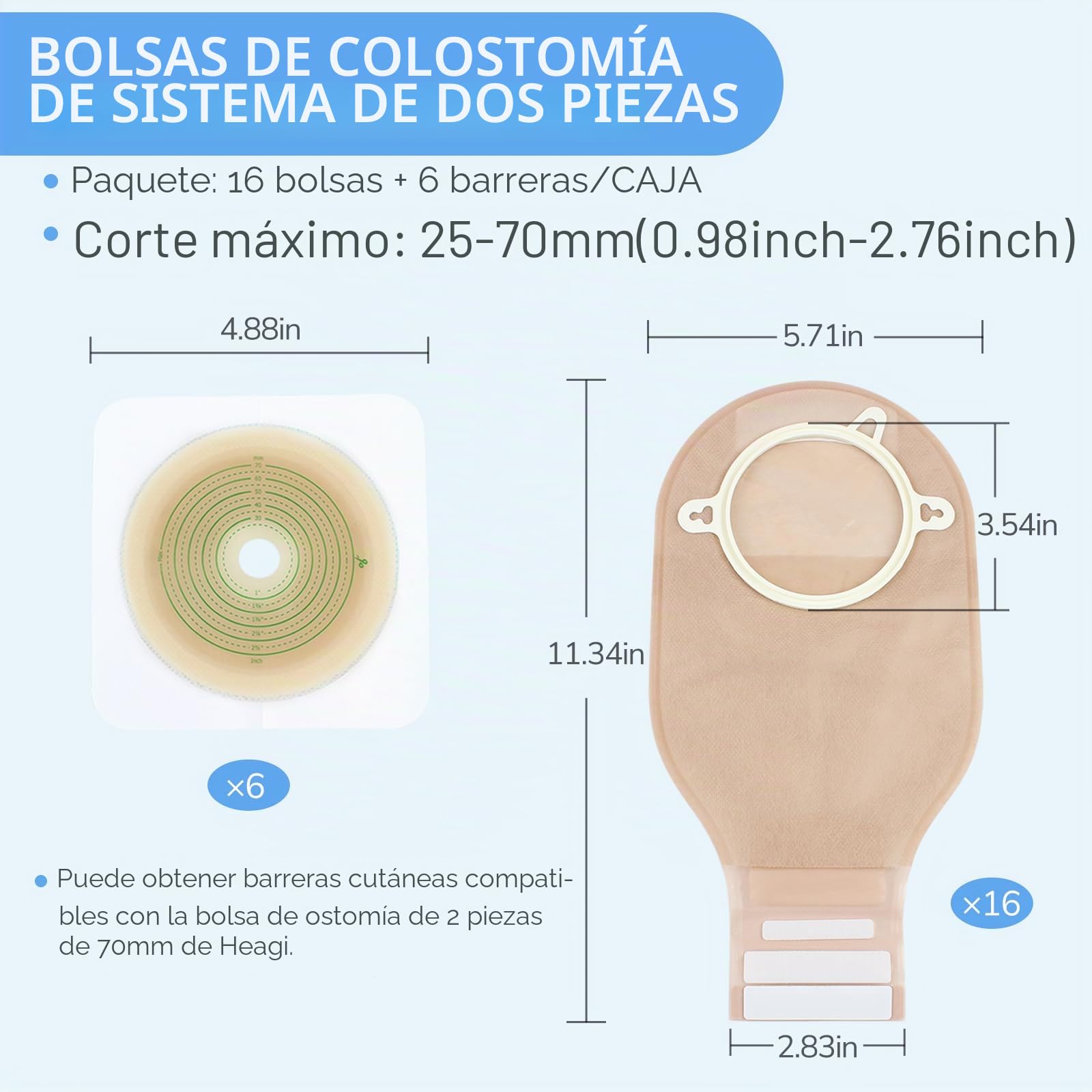 Bolsa para ostomía 2 piezas drenable con cierre 70 mm, 22 piezas suministros colostomía ileostomía