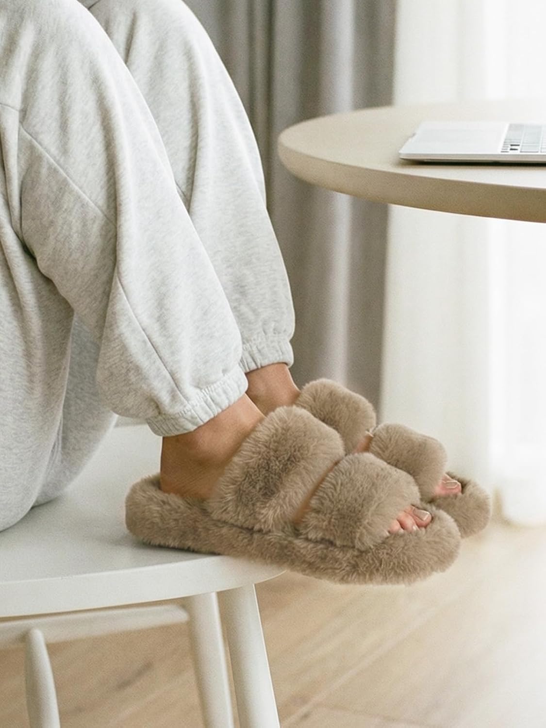 FamilyFairy Women's Fluffy Faux Fur Slippers Comfy Open Toe Two Band Slides with Fleece Lining and Rubber Sole