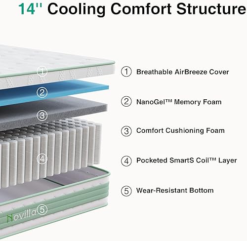 Miniatura 2 de Novilla Colchón híbrido tamaño Queen de 14 pulgadas, colchón híbrido tamaño Queen en una caja con aislamiento de movimiento, espuma viscoelástica de