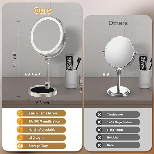 Miniatura 6 de Espejo de maquillaje grande iluminado de 9 pulgadas con aumento de 1X/10X, espejo de tocador recargable de 4000 mAh con altura ajustable y 3 luces