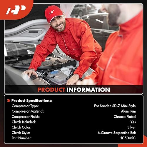 Miniatura 2 de A-Premium Ajuste para Sanden SD-7 Mini 6PK Estilo, Compresor Universal AC con embrague, correa serpentina de 6 ranuras, carcasa de aluminio cromado