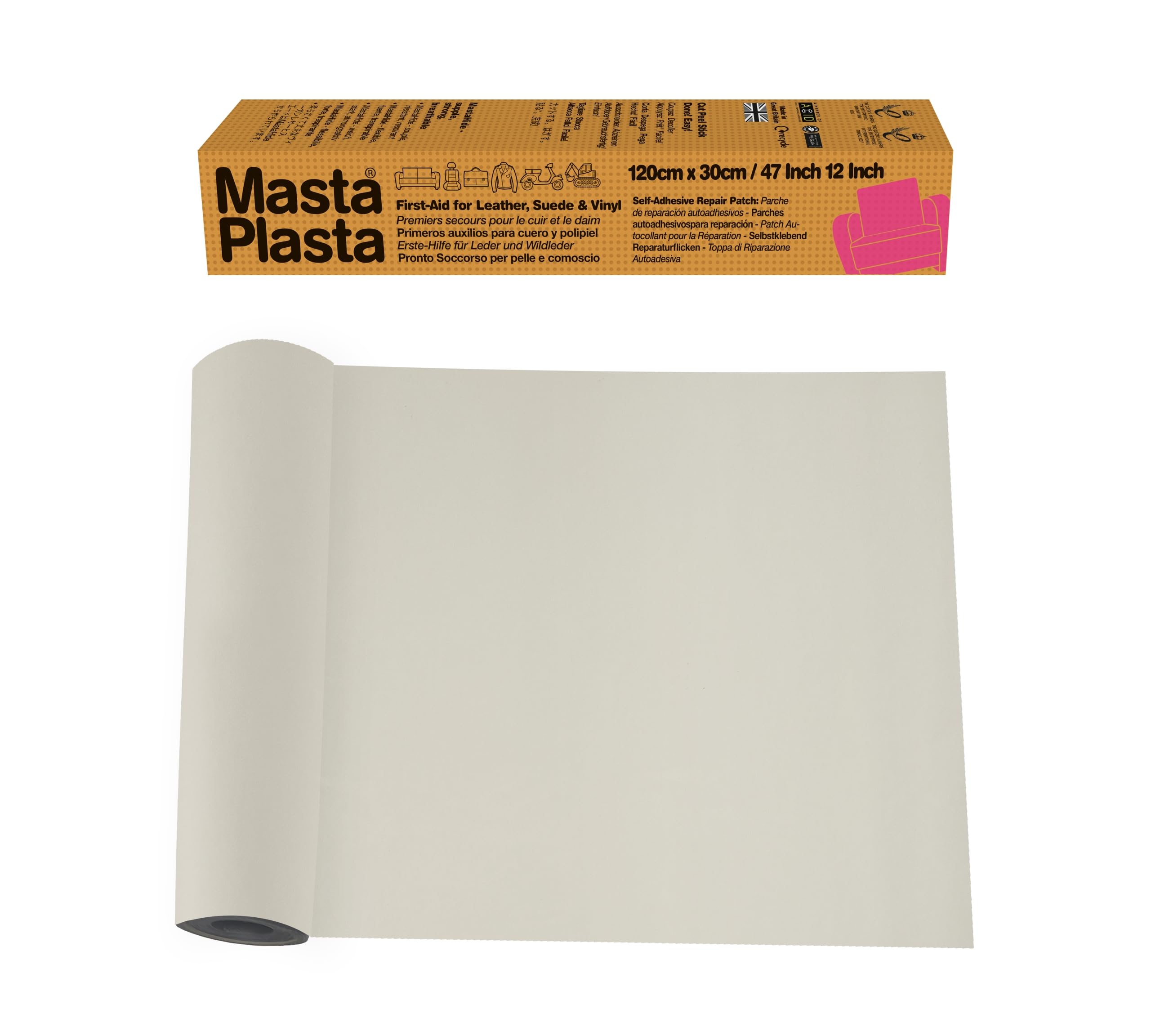 MastaPlasta Selbstklebende Leder Reparatur Patch - Elfenbein 120cm x 30cm. Ihr schnelles und einfaches All-in-One-Reparaturset in Polsterqualität für Sofas, Autositze, DIY