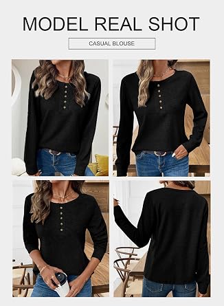 BLENCOT Womens Waffle Knit Tops Casual Long Sleeve Button Down Henley Basic Shirts
