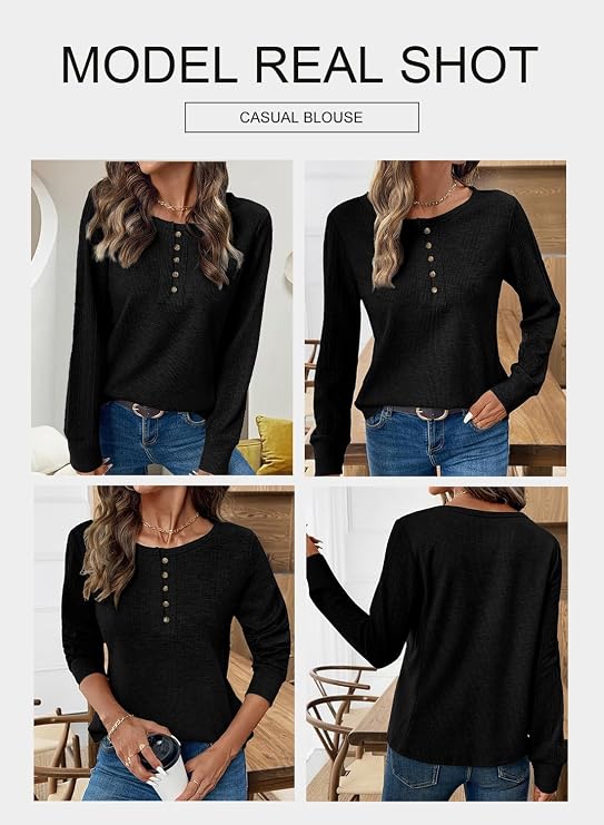 BLENCOT Womens Waffle Knit Tops Casual Long Sleeve Button Down Henley Basic Shirts