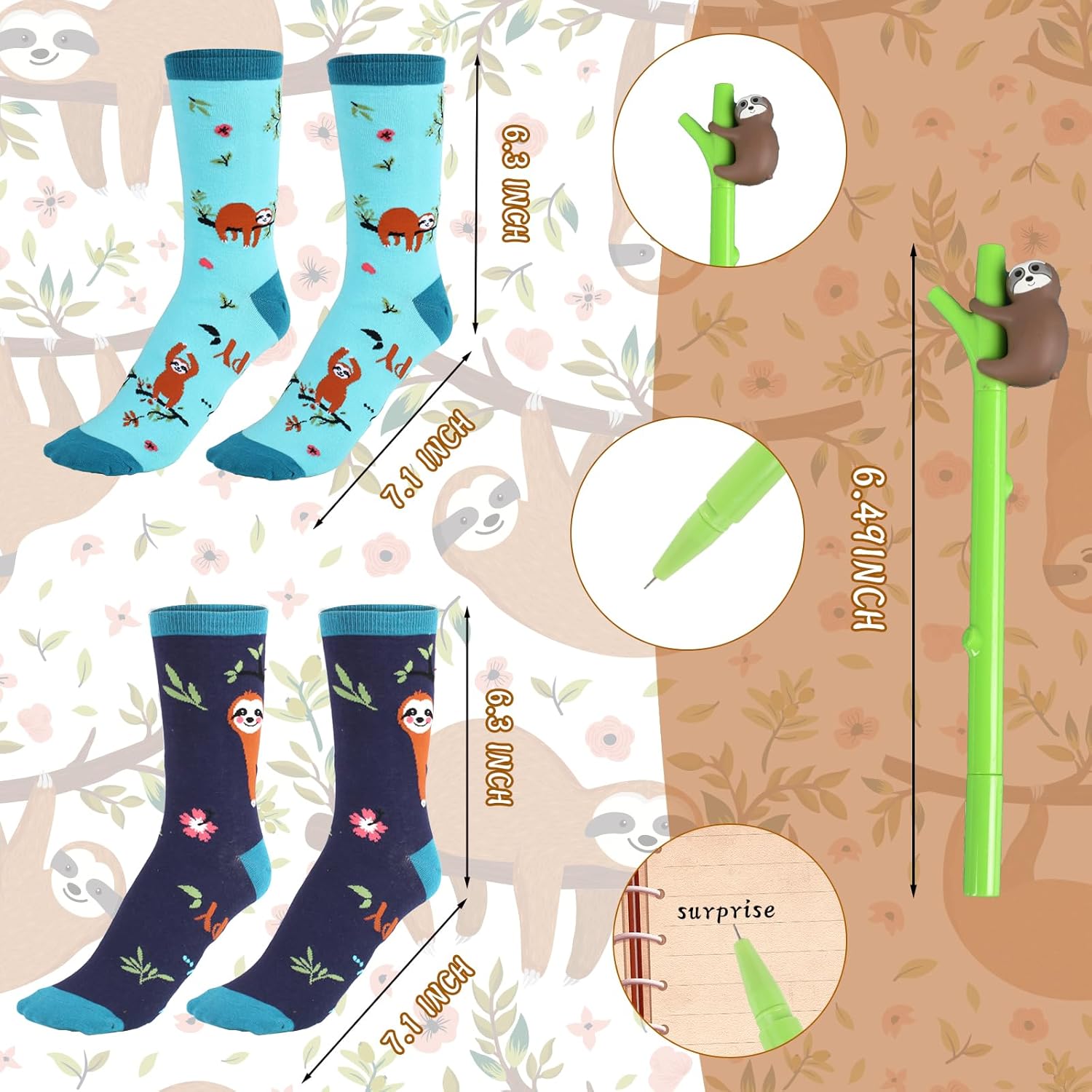 Sloth Lover's Gift Set - Includes Makeup Bag, Socks, Pen & Mirror - Perfect for Sloth Lovers - Image 3