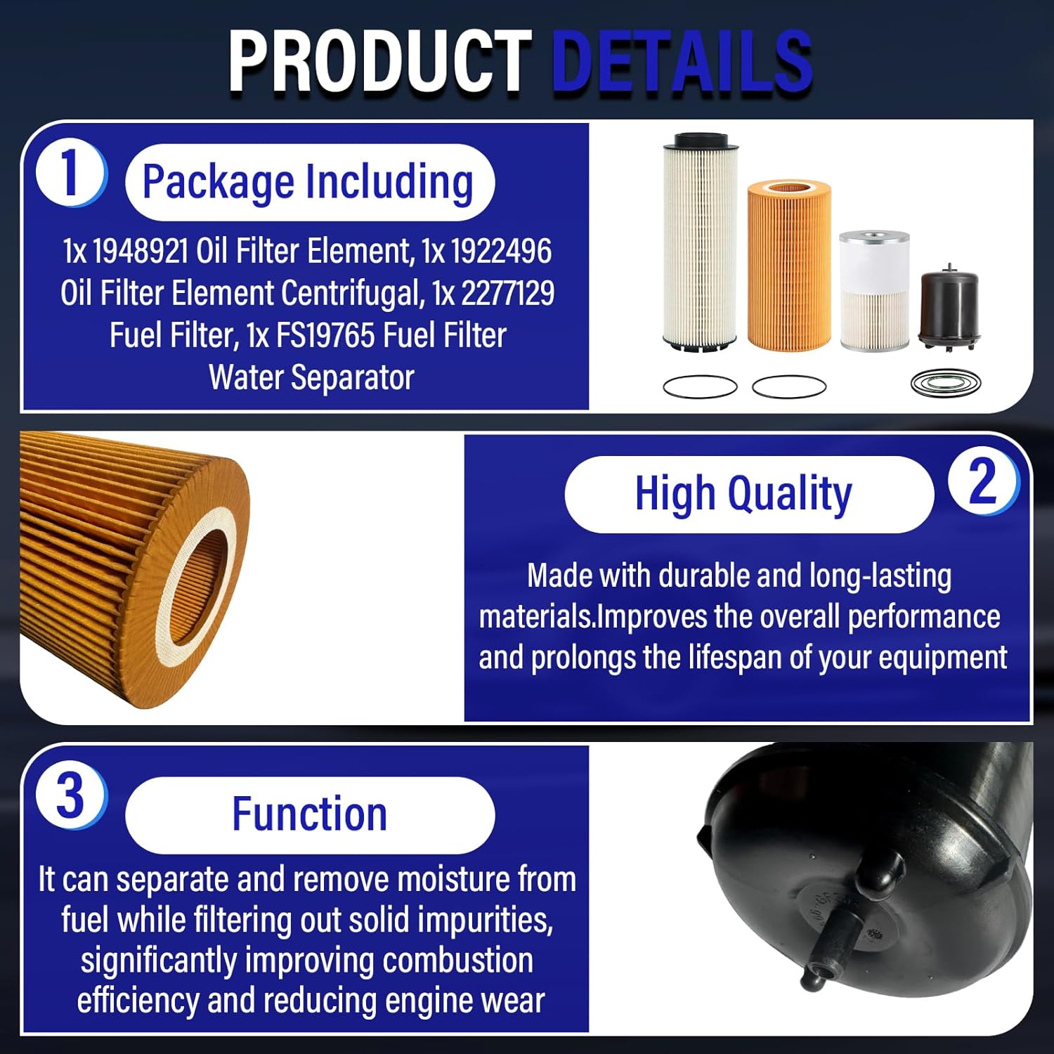 Filter Kit Fit for Paccar MX-13 MX13 Engine, Includes 1948921 Oil Filter, 2277129 Fuel Filter Water Separator, FS19765 Fuel Water Separator Filter, 1922496 Oil Filter, 4Pcs