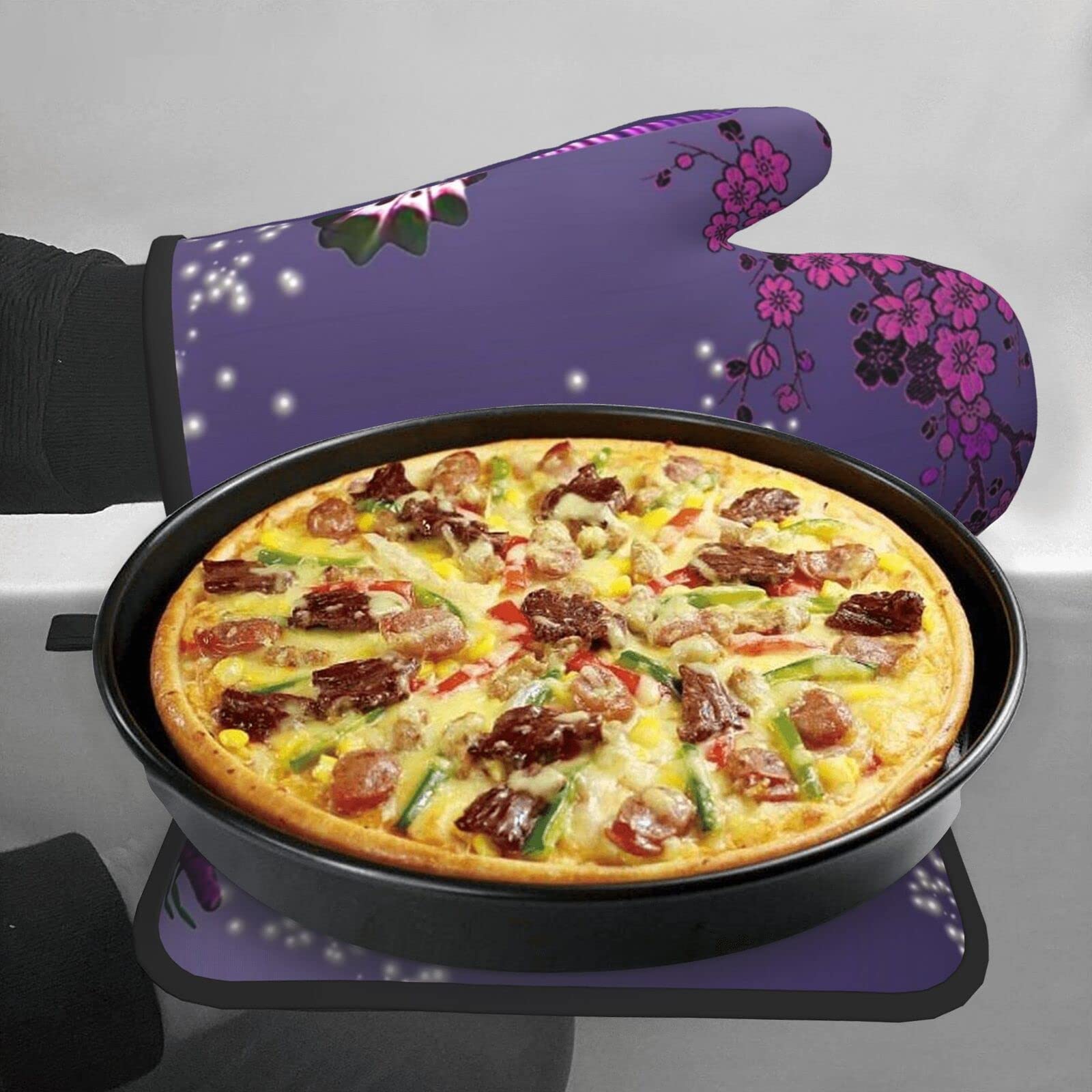 Ensemble De Gants Et Maniques De Cuisine YYHHAOFA - Isolés, Anti-brûlure - Motif Palmier Violet - 4 Pièces