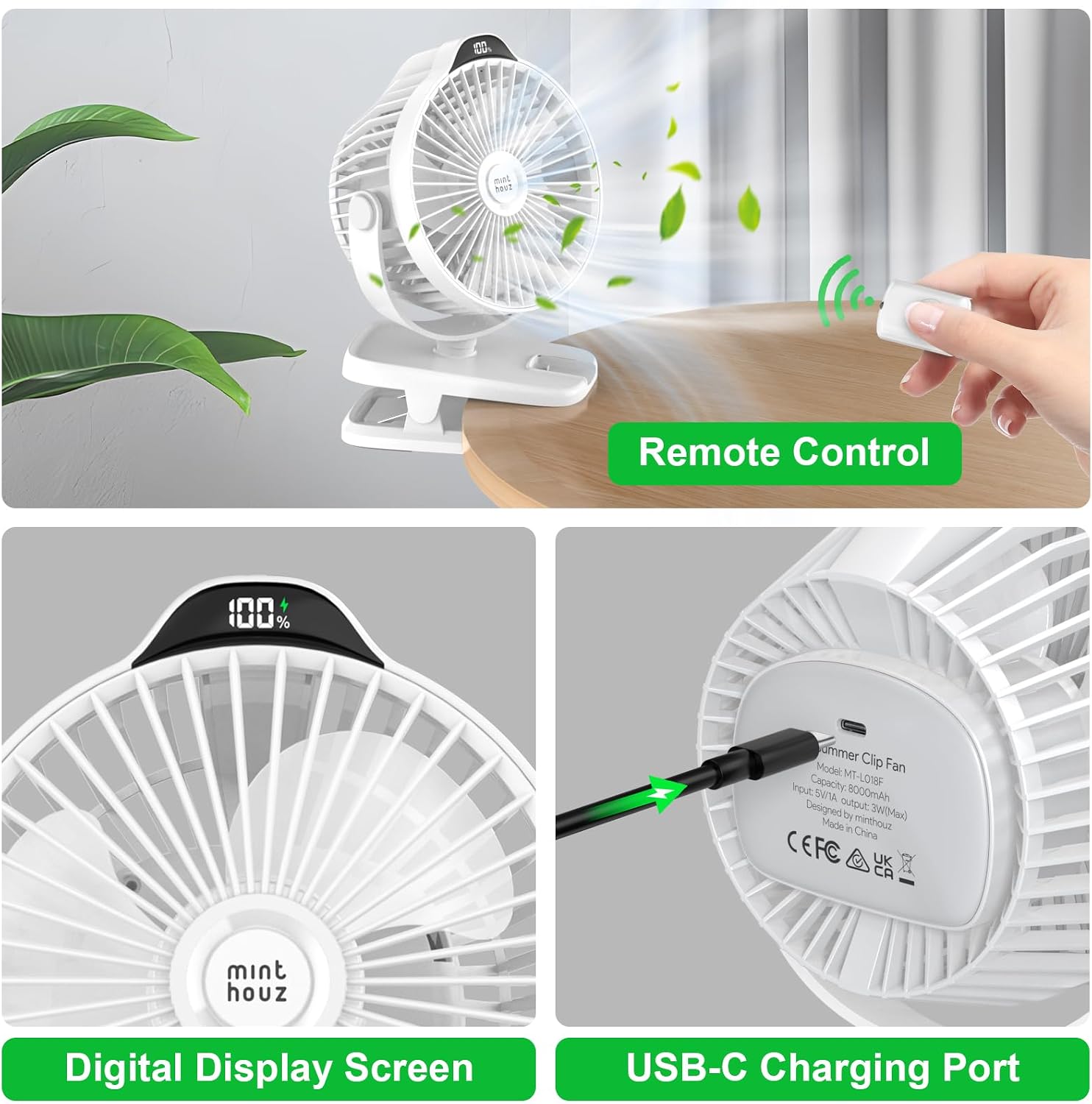 Minthouz 8000mAh Rechargeable Small Clip Fan with Battery Level Indicator