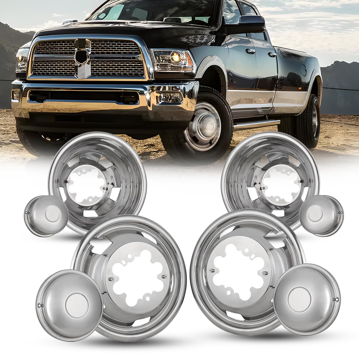 Winjet 17” Set of 4 Protective Polished Stainless Steel Dually Wheel Simulators Fit for 2003-2019 Dodge Ram 3500 Hub caps, Bolt On Wheel Cover with Removable Centre Cap Hubcaps, 4pcs