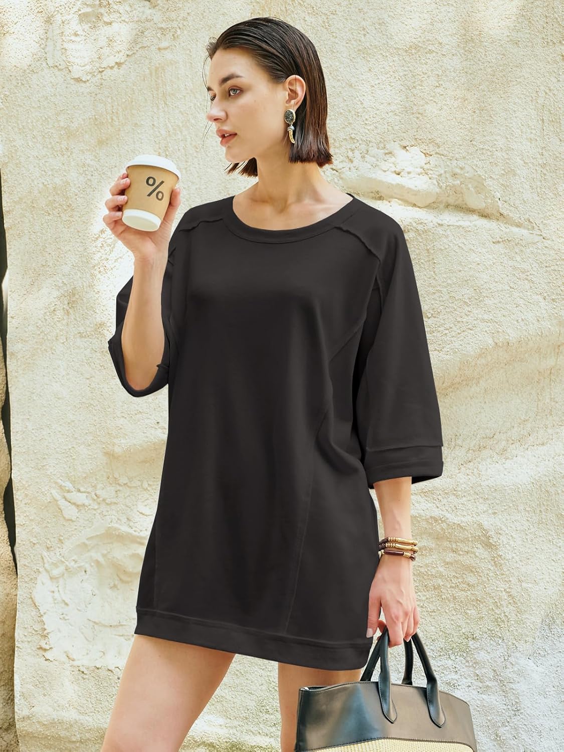 Nirovien Women's Oversized Sweatshirt Dress 3/4 Sleeve Crewneck Tunic Sweatshirts Casual Long Pullover with Pockets - Image 5