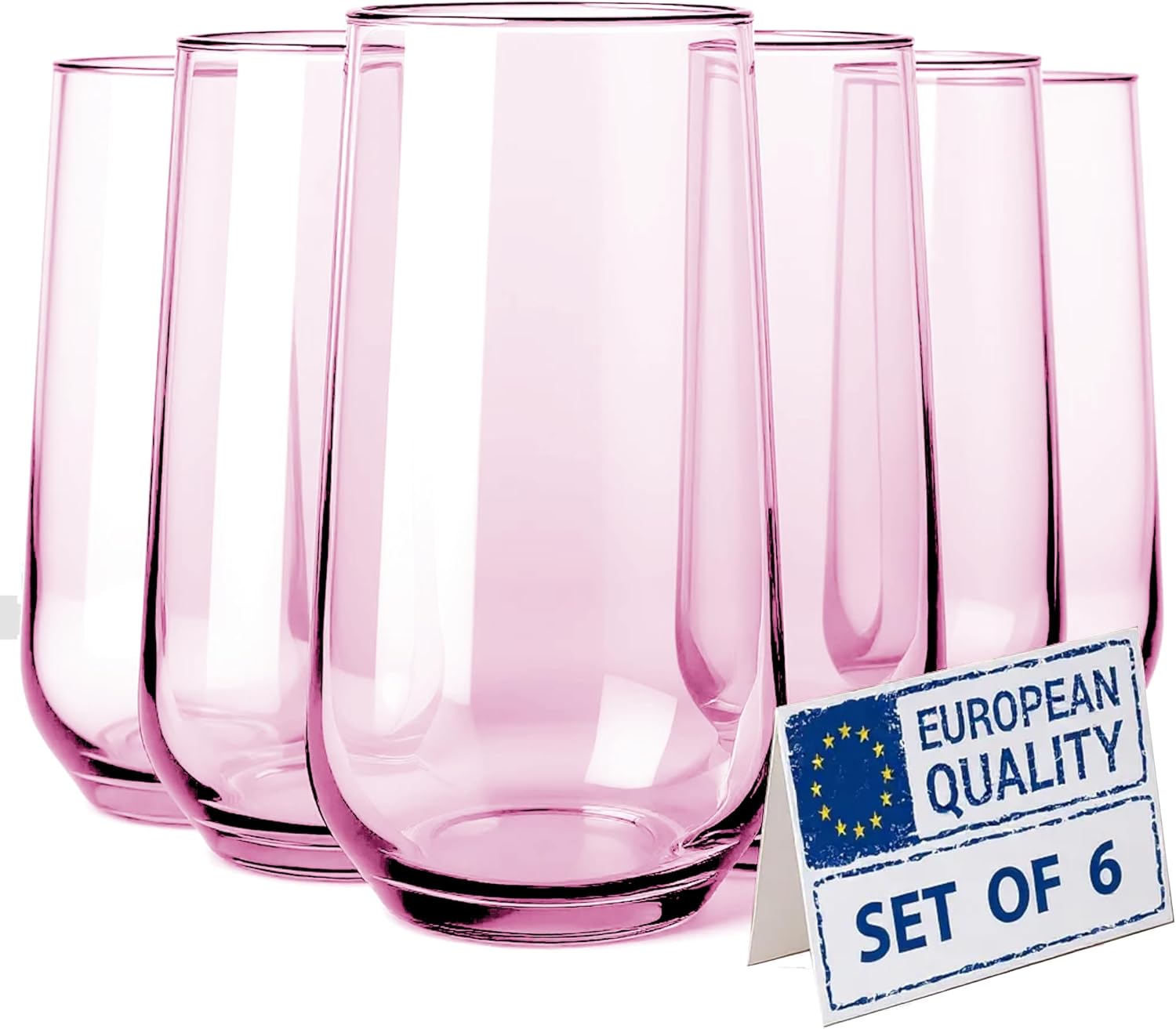 Pink Drinking Glasses Set of 6 | Translucent Rose Glassware | 16 oz Blush Pink Glass Cups | Highball Drinkware for Cocktails, Long Drink, Mojito, Juice, Soda | Modern Pastel Drinkware