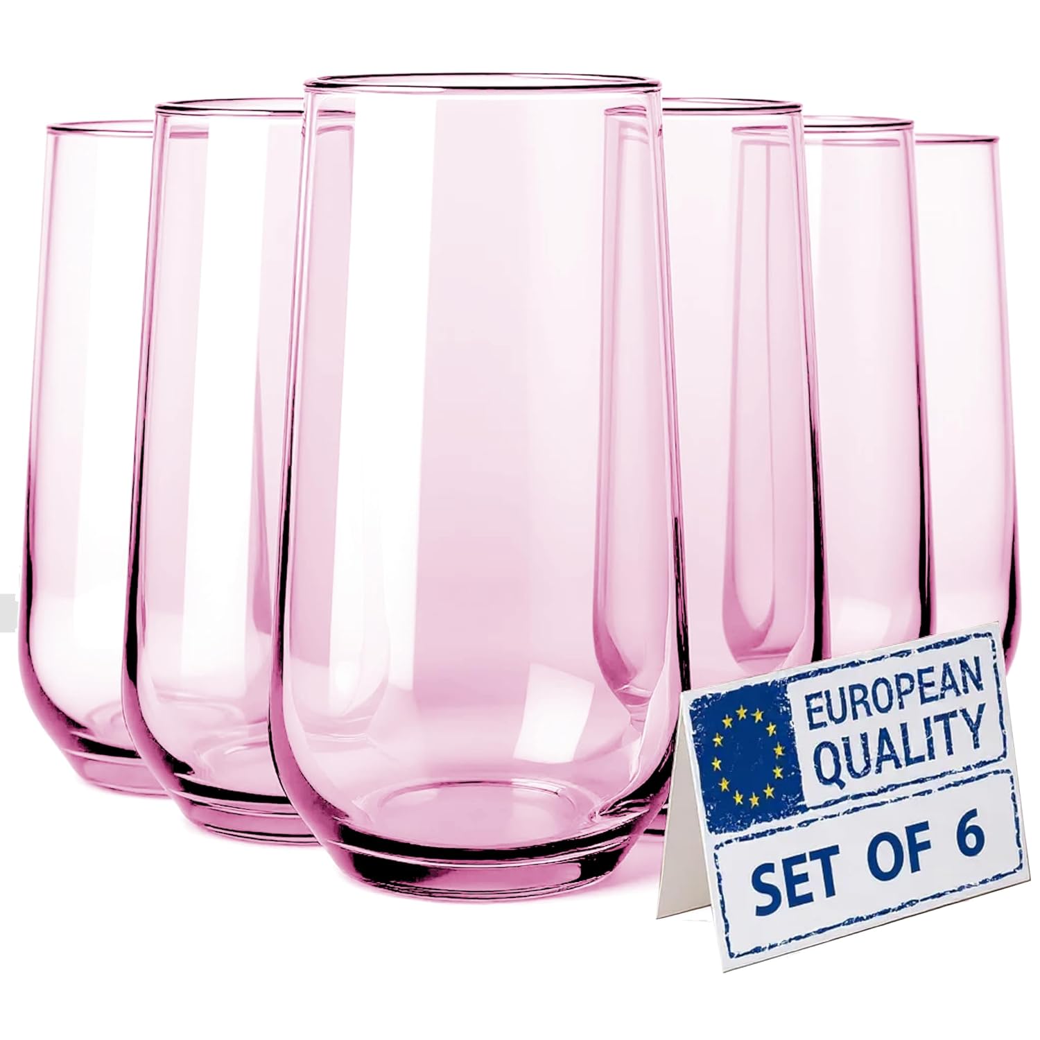 Biandeco Pink Drinking Glasses Set of 6 16 oz Pink Glass Cups for Cocktails Barware Juice Ice Tea
