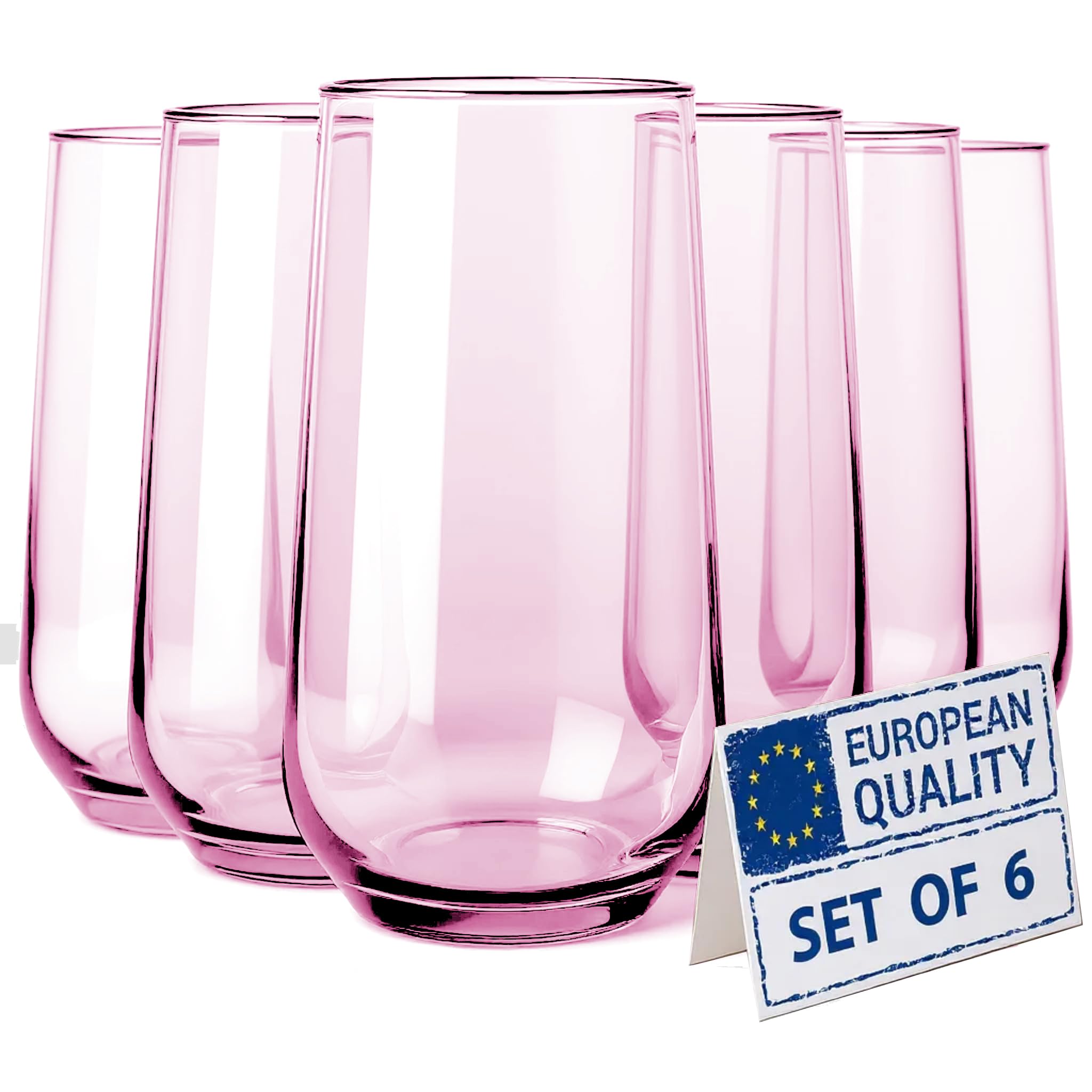 Biandeco Pink Drinking Glasses Set of 6 16 oz Pink Glass Cups for Cocktails Barware Juice Ice Tea